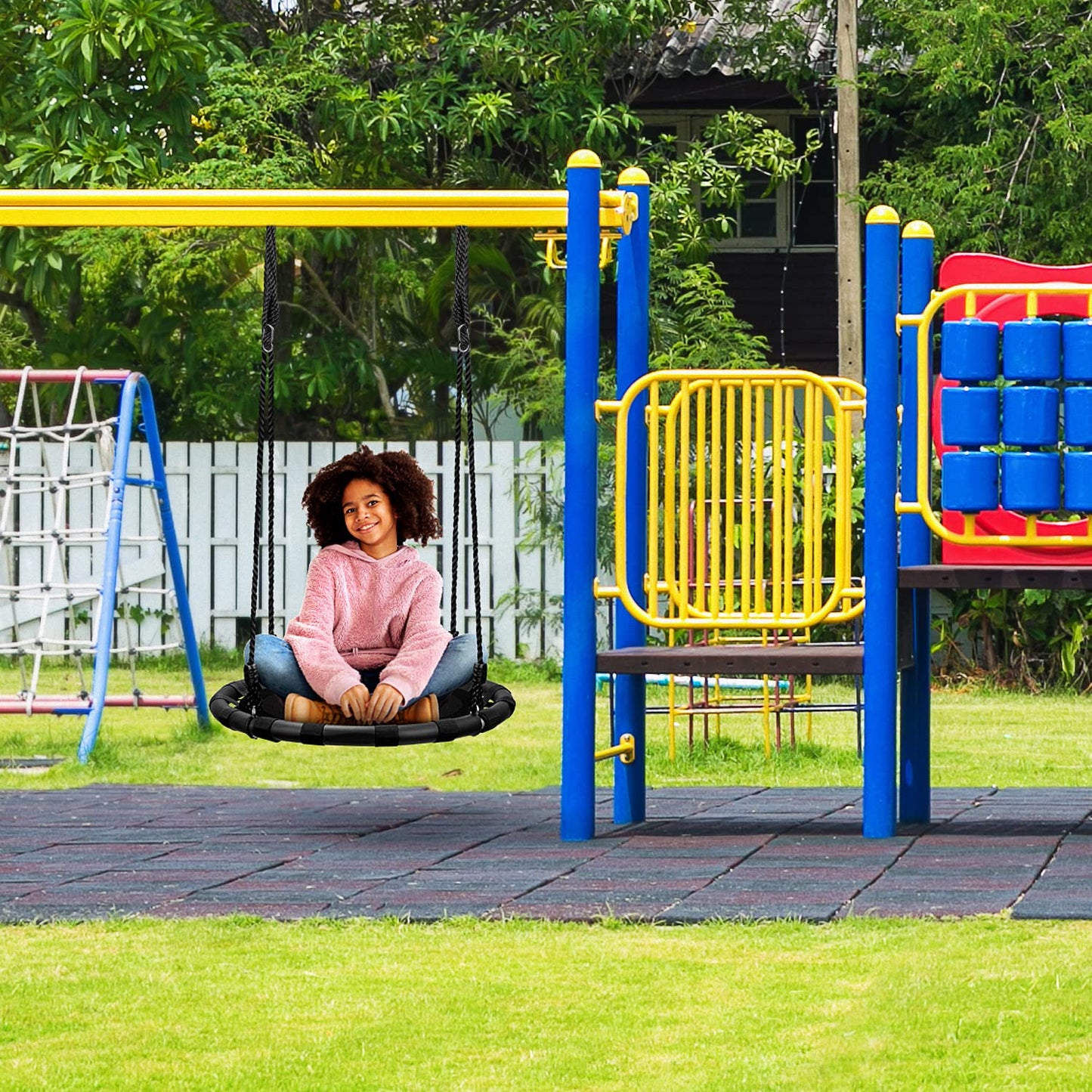 Columpio Giratorio Sorbus Negro para Niños con Asiento Redondo y Accesorios Incluidos