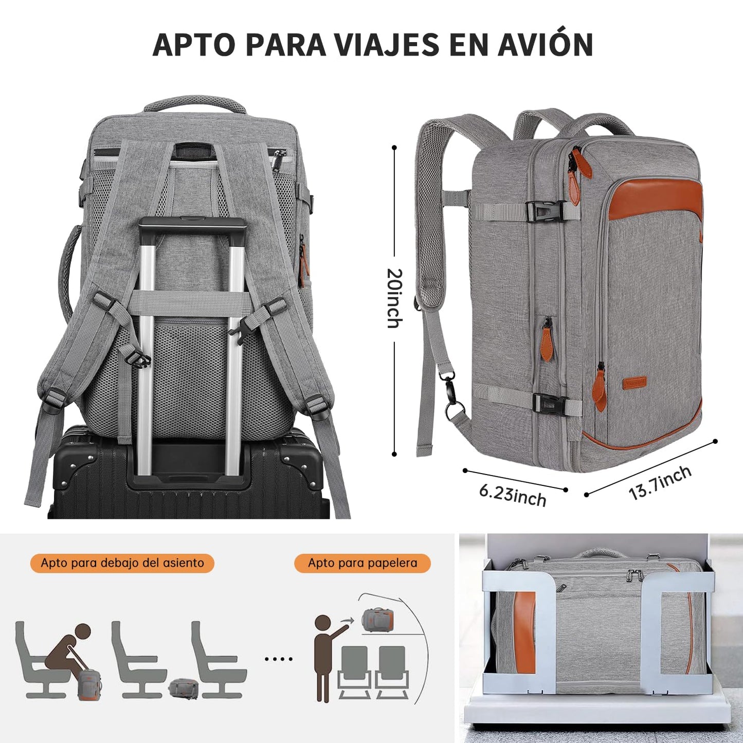 Juego de mochila de viaje de 5 piezas, mochila de equipaje certificada por vuelo extra grande 40 L, maleta expandible con 4 bolsas de almacenamiento, mochila de negocios impermeable, unisex (Gris)