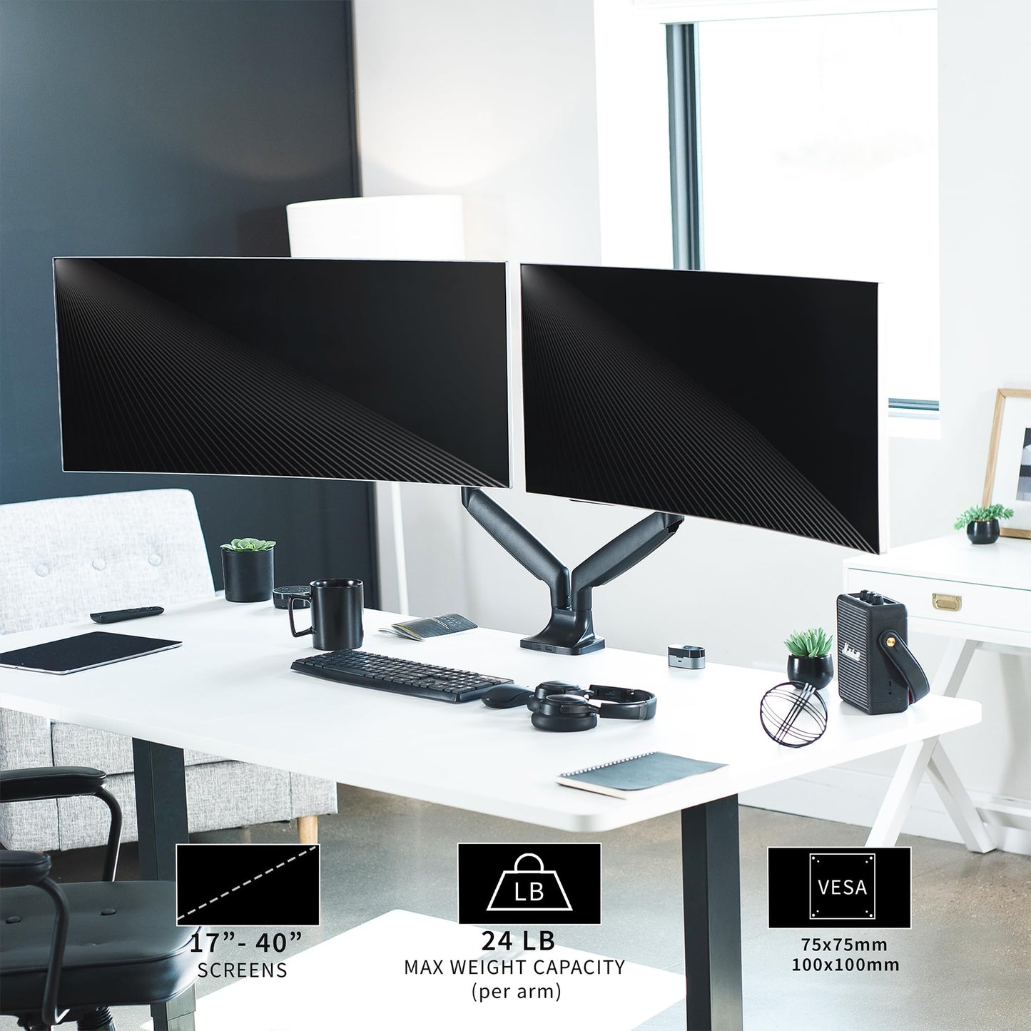 Brazo de Aluminio VIVO Negro para Monitores Ultra Anchos de hasta 35 Pulgadas con Altura Neumática y Montaje VESA 100 x 100