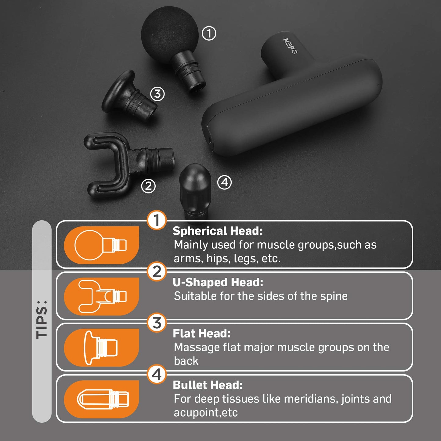 NEPQ - Pistola de masaje, potente pistola facial portátil de percusión de tejido profundo para aliviar el dolor con 4 cabezales de masaje, vibración de alta intensidad recargable (negro)