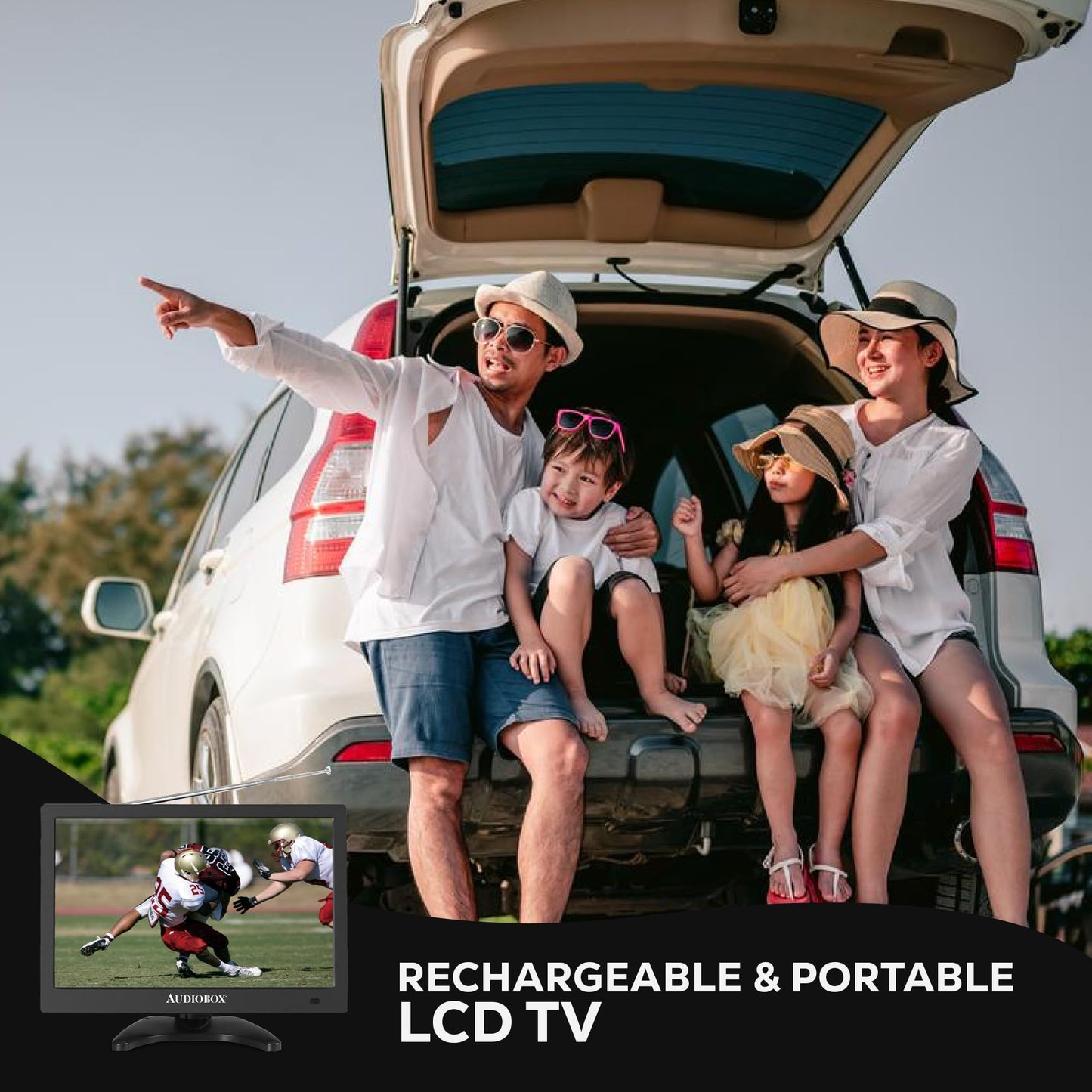 Audiobox - TV portátil de 13 pulgadas | HDMI, VGA, A/V, entradas USB/SD | Salida de 3,5 mm, CA/CC | Incluye: mando a distancia, cargador de coche, adaptador de CA, cables A/V y antena