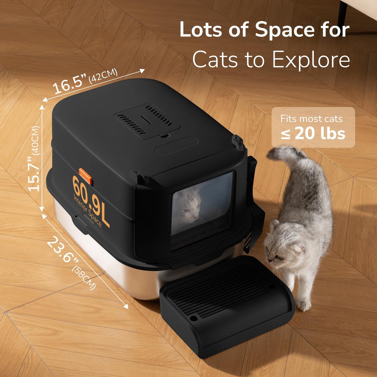 Aupures - Caja de arena de acero inoxidable con tapa – Caja de arena para gatos cubierta extraíble XL con solapa de puerta, caja de arena de metal extragrande con lados altos, cuchara de arena –