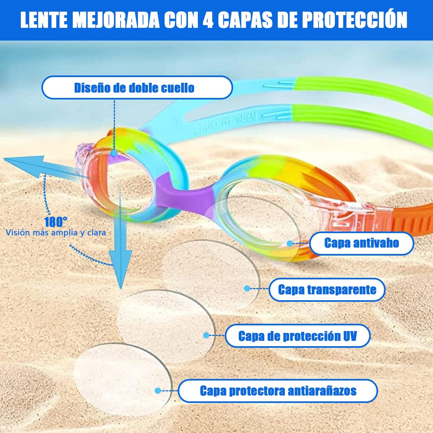 Gafas de Natación Niños 2 Pares - Antivaho + Silicona Ultra Suave, Edad 3-14 Años (Unisex)