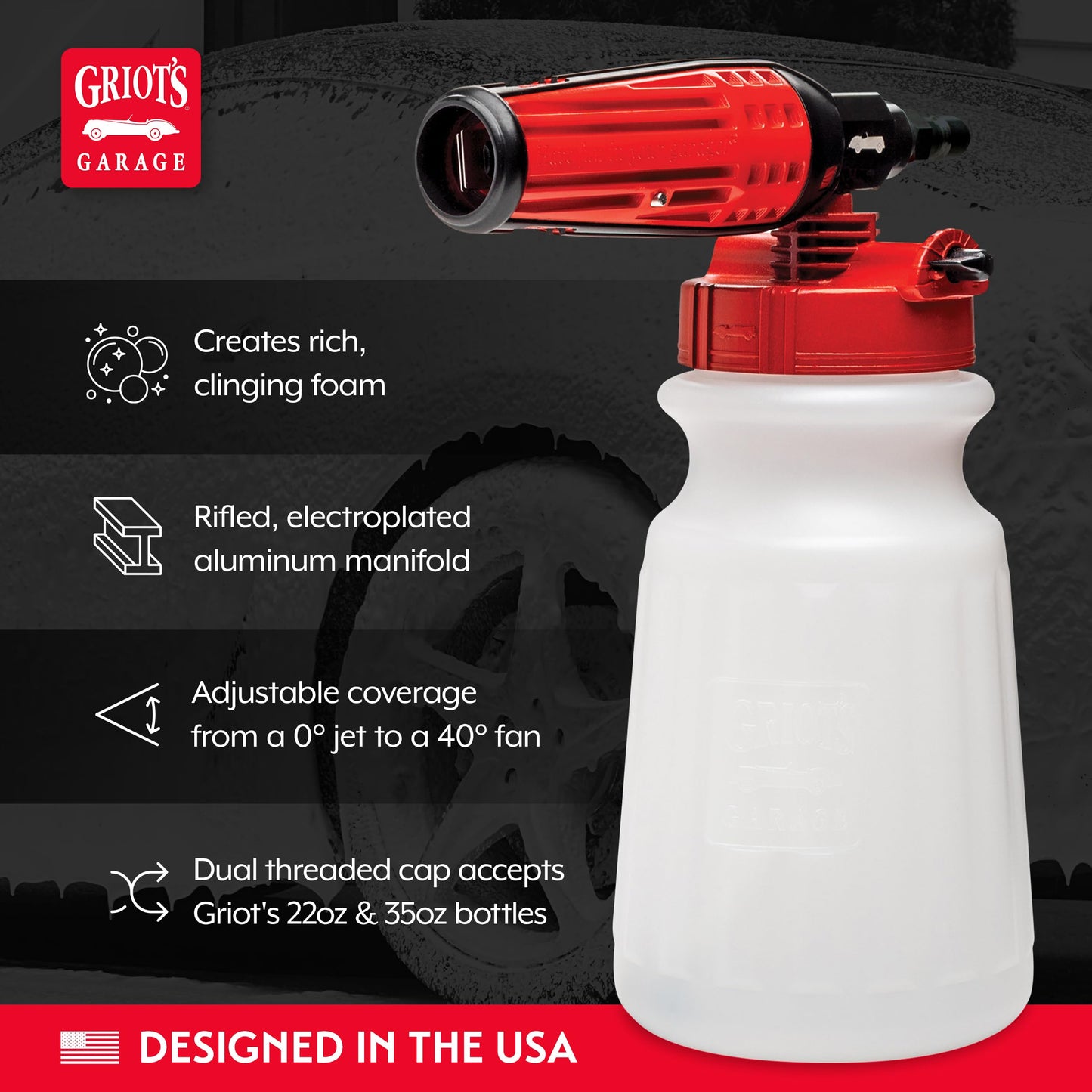Griot's Garage - Cañón de Espuma con Acabado Brillante, para lavadores a presión, aplicar Lavados y limpiadores de automóviles, conexión rápida de 1.4 Pulgadas. Tarro de 33.8 onzas, 51185
