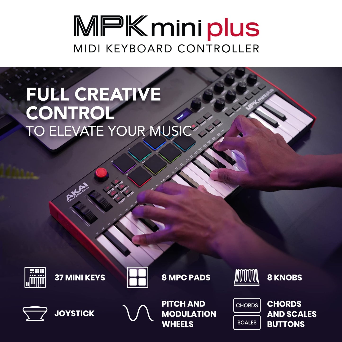 Akai Professional MPK Mini Plus - Teclado Controlador MIDI USB de 37 Mini Teclas con 8 Pads MPC, Secuenciador, MIDI/CV/Gate I/O, Software de Producción y Native Instruments Sound Package