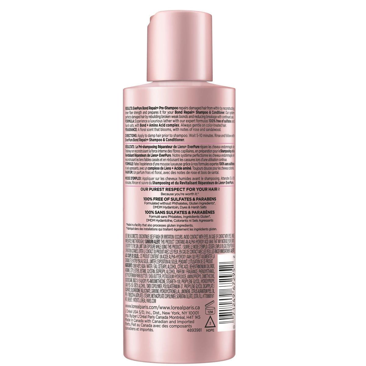 L'Oreal Paris EverPure Tratamiento prechampú sin sulfato Bond Repair, reparación del cabello para cabello teñido, decolorado o dañado, 5.1 onzas líquidas
