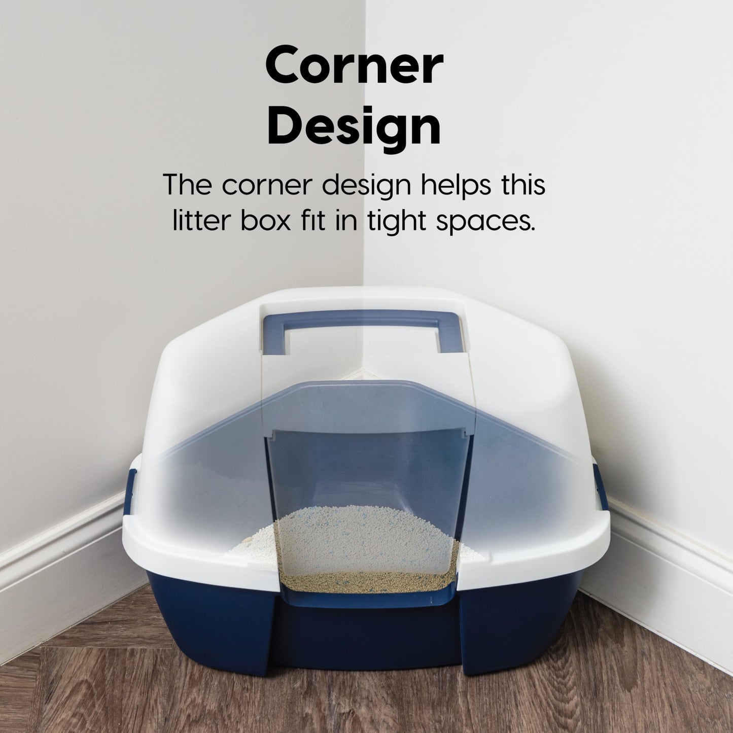 IRIS USA Large Enclosed Corner Cat Litter Box with Front Door Flap and Scoop, Hooded Kitty Litter Tray with Easy Access Lift Top Handle and Buckles for Portability and Privacy, Navy/White