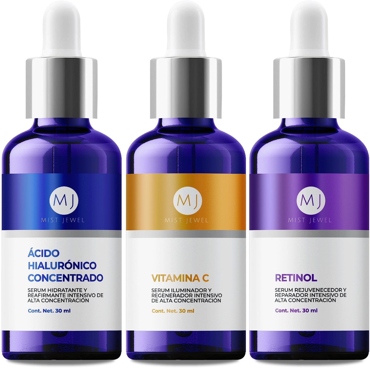 MIST JEWEL Kit sueros faciales Acido Hialurónico, Retinol y Vitamina C + E | Conjunto de serums completo para rejuvenecer, proteger y cuidar el cutis antiedad (KIT facial complete)