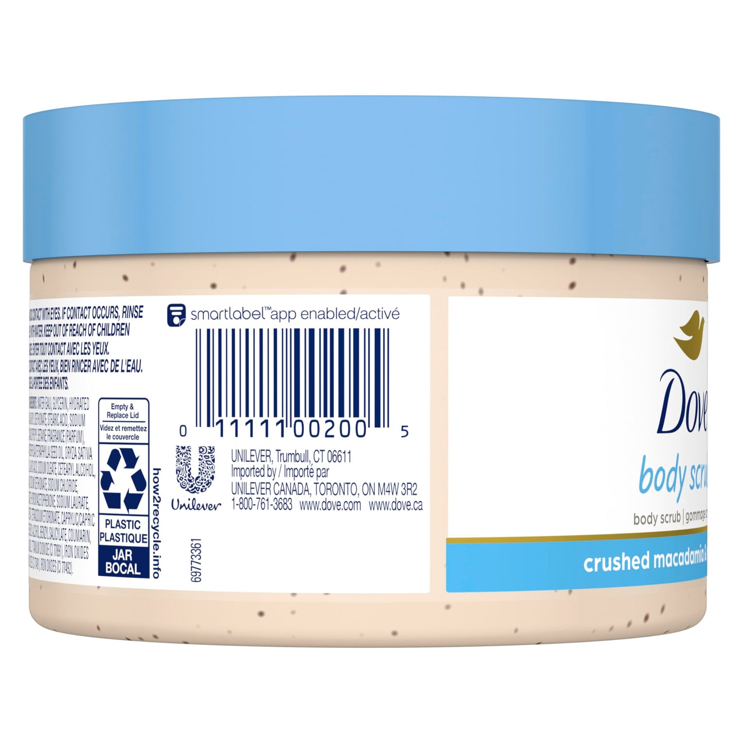 Dove, Exfoliating Body Polish, Macadamia and Rice Milk, Exfoliante Corporal, Macadamia y Leche de Arroz, Piel Suave y Nutrida, Sin Sulfatos, 298 gramos