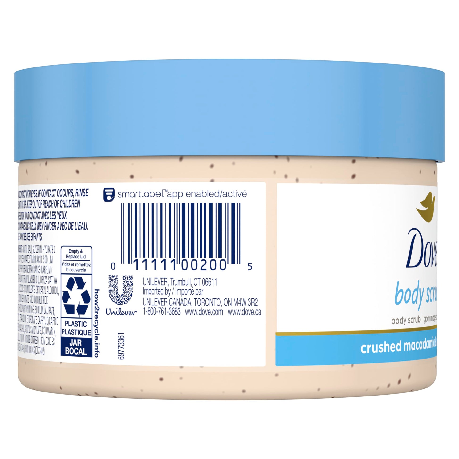 Dove, Exfoliating Body Polish, Macadamia and Rice Milk, Exfoliante Corporal, Macadamia y Leche de Arroz, Piel Suave y Nutrida, Sin Sulfatos, 298 gramos
