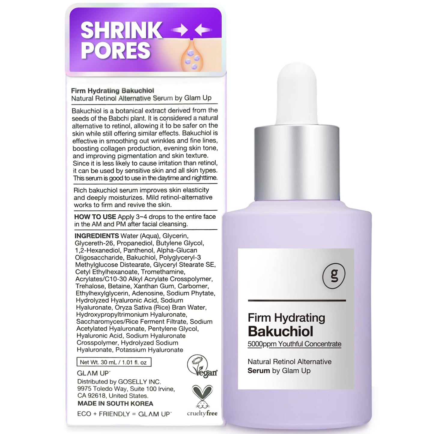 Glam Up Firm Hydrating Bakuchiol Serum - Anti-Aging Retinol Alternative Serum, Blur Fine Lines, Wrinkles, and Dark Spots, Hydrate Facial Skin, Cruelty-Free (1.01 Fl Oz)