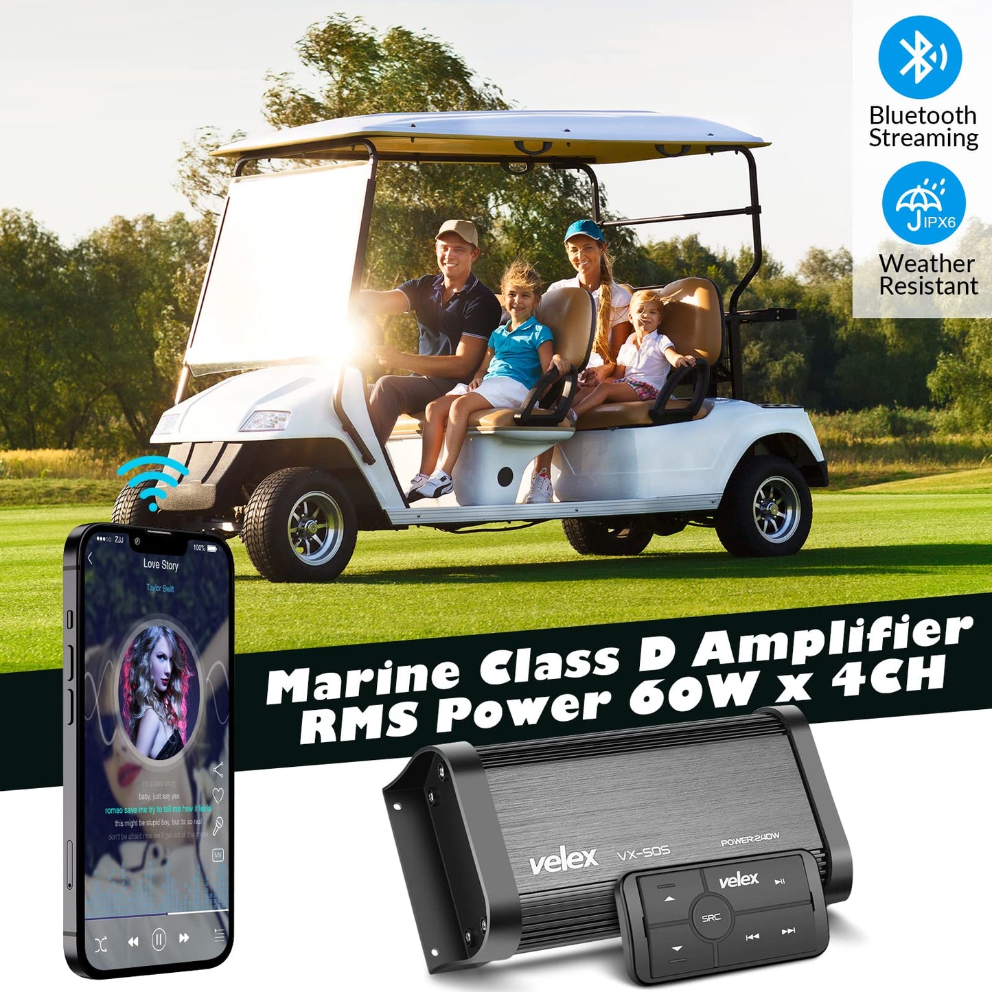 Amplificador Bluetooth Marino VELEX Impermeable 4 Canales para Barco, Golf y Motocicleta
