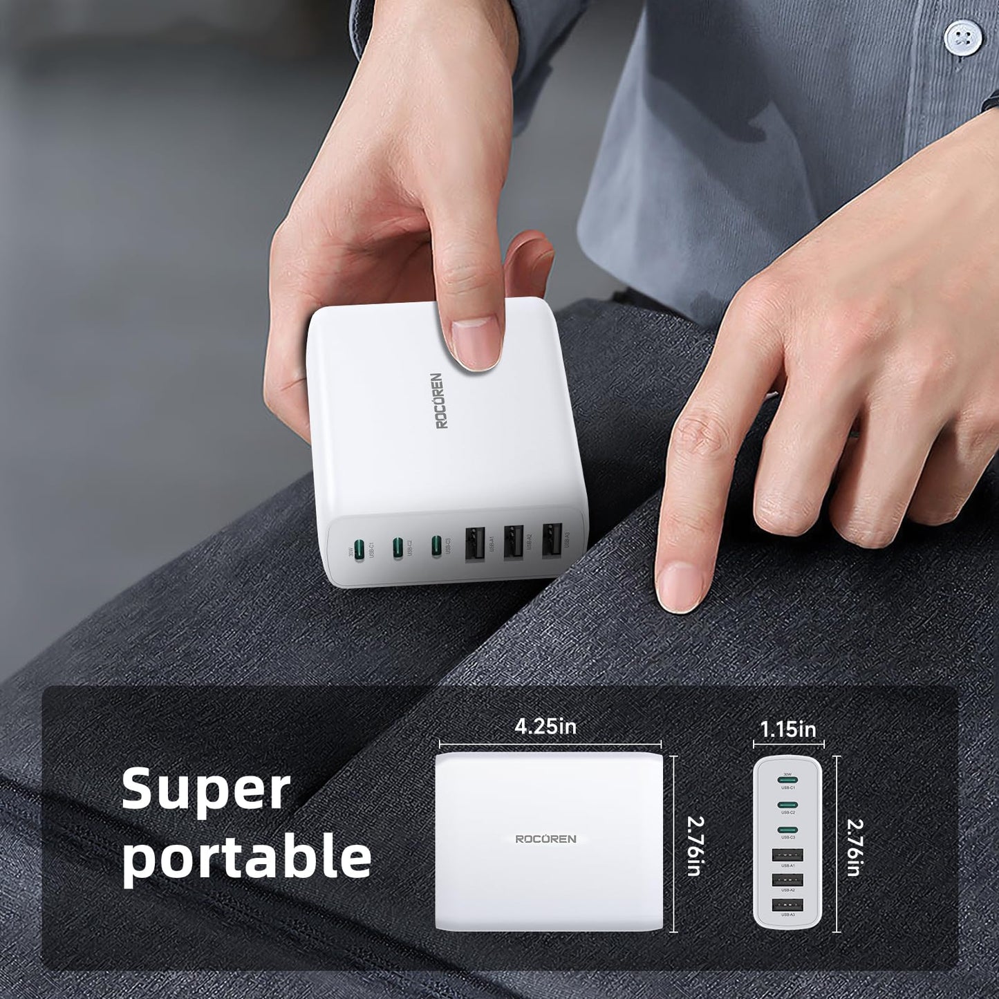 Cargador USB C, Rocoren 100W 6 Puertos PD3.0 QC4.0 estación de carga USB C, multipuerto con 3 USB-C+3 USB-A, cargador de pared portátil rápido USB C para MacBook Air, iPhone 15/14/13/12, iPad, Samsung