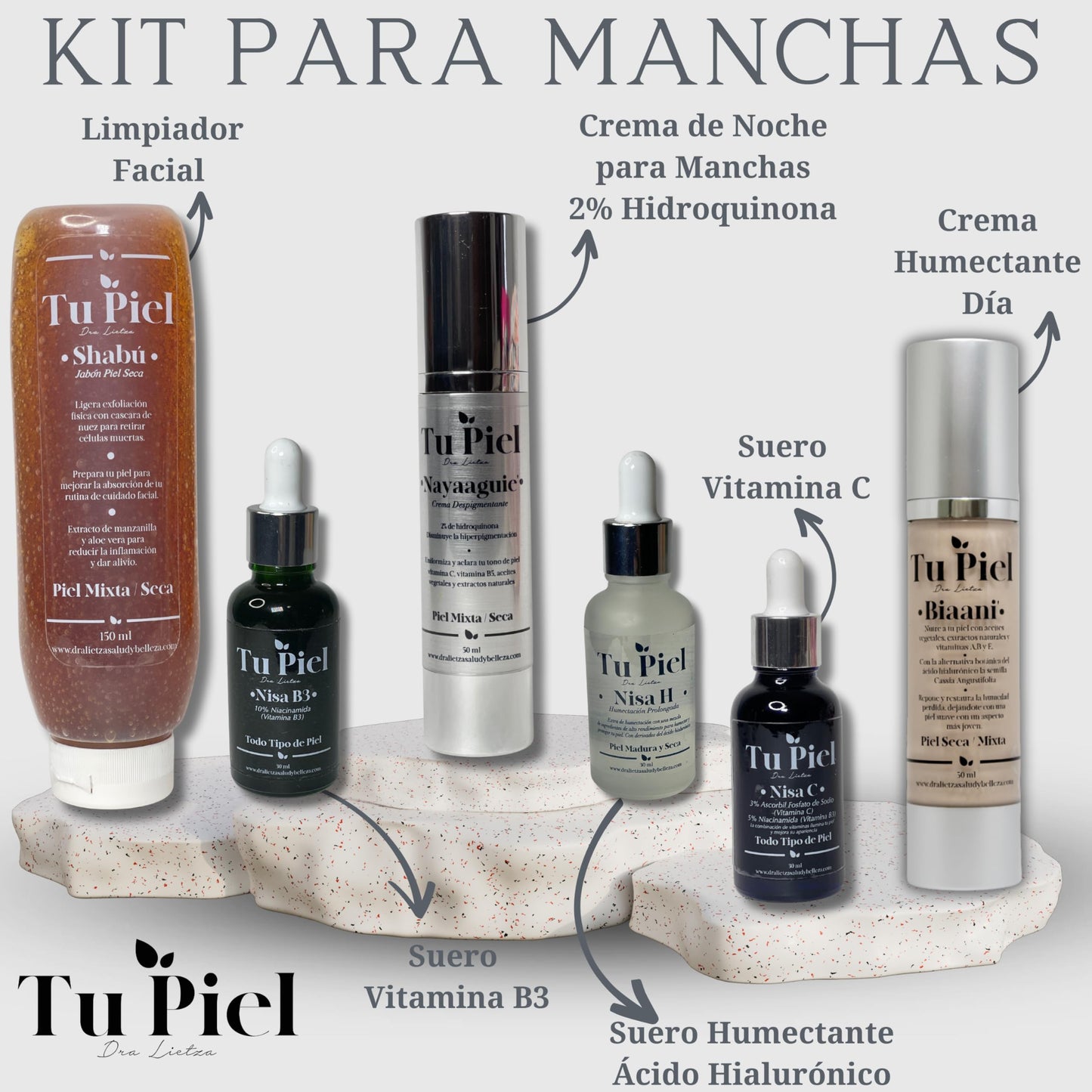 Kit para manchas faciales con crema despigmentante con 2% de hidroquinona, suero de vitamina C, suero de niacinamida, suero de ácido hialurónico, crema de día y limpiador facial | Tu Piel Dra Lietza |