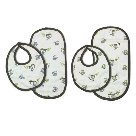 Juego de Baberos de Muselina Bacati azul y verde Happy Monkeys