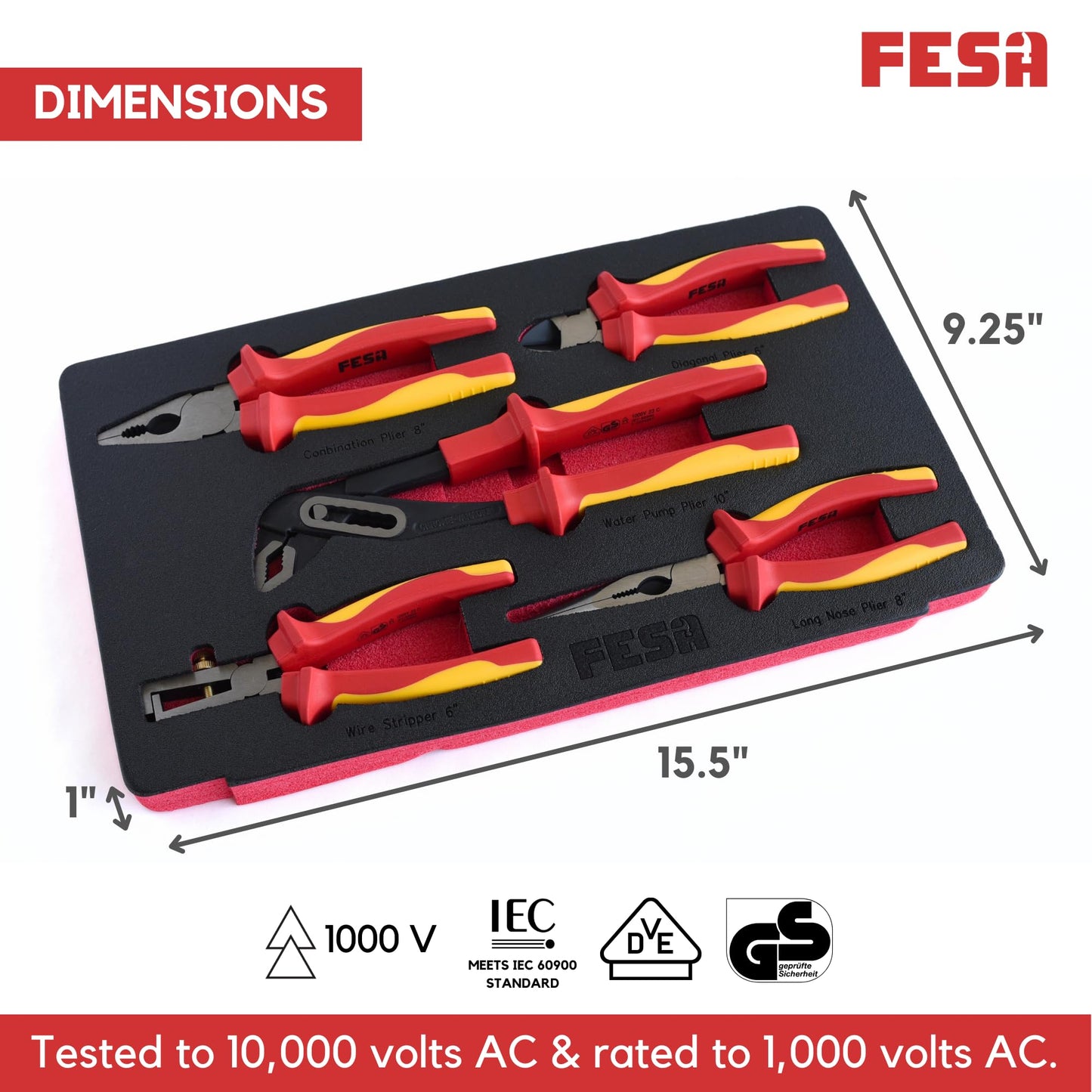 FESA - Juego de alicates aislados para electricista profesional, 1000 V, 5 piezas, con mordazas de cromo vanadio (CR-V) y asas de tracción de agarre suave, herramientas aisladas de 1000 V para