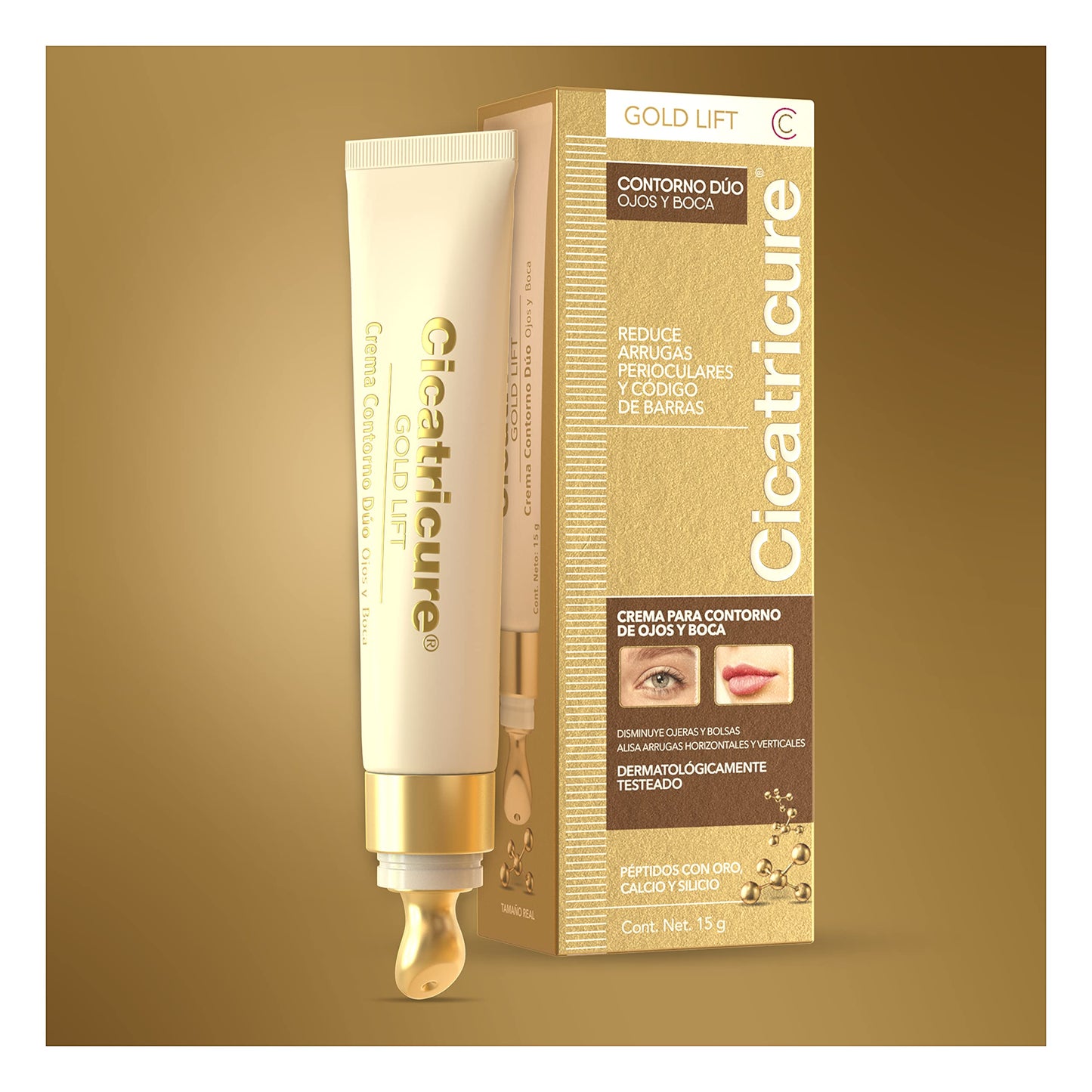 CICATRICURE - GOLD LIFT Contorno Dúo, Ojos y Boca. En 6 semanas reduce arrugas perioculares y código de barras, con péptidos con Oro, Calcio y Silicio, tubo con 15g