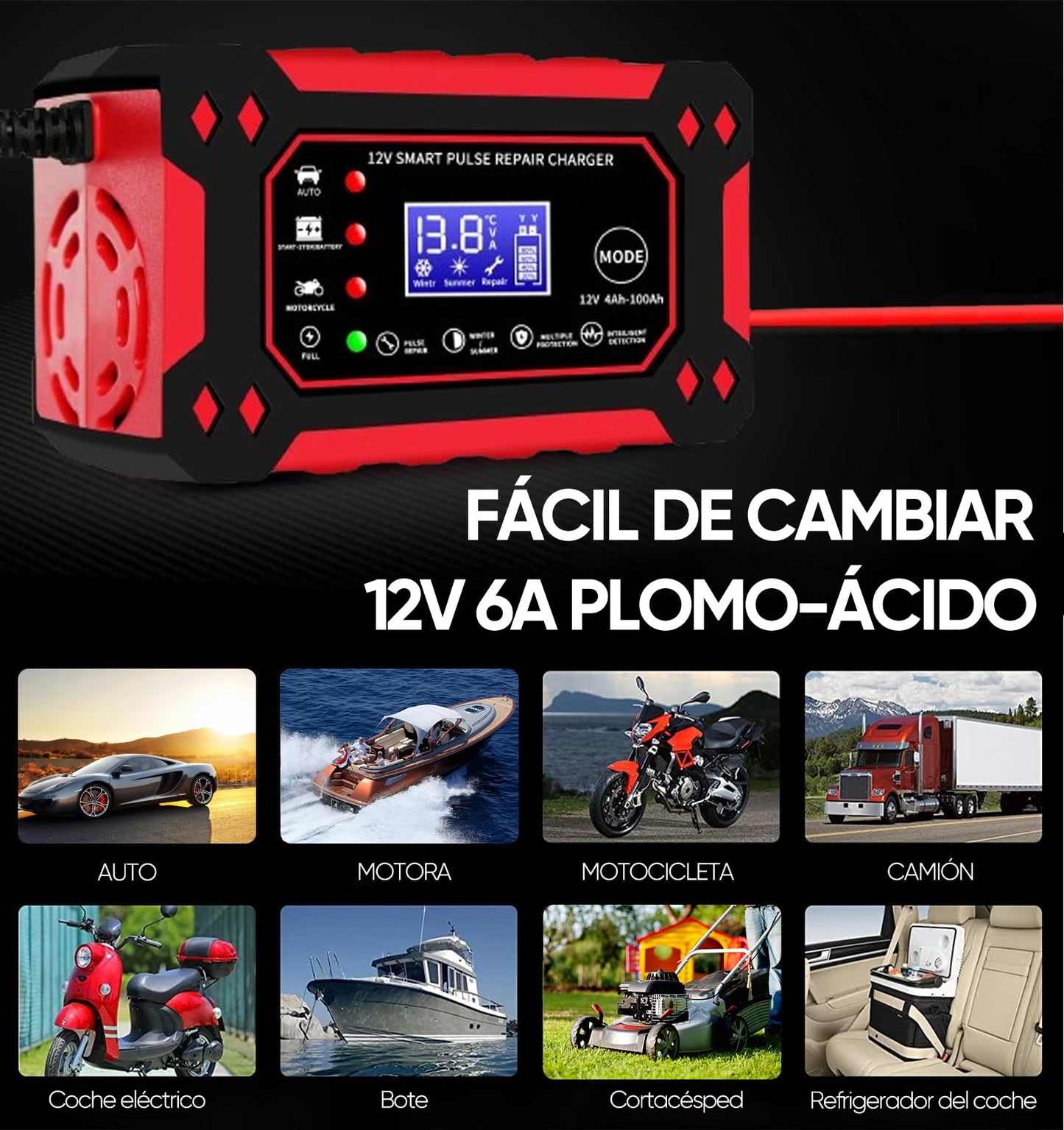 Cargador de Bateria de Auto 12V 6A,Portatil Cargador de Baterías Automático Coche Moto SUV,LCD Pantalla,Múltiples Protecciones,Ajuste Inteligente de Corriente para Cargar y Proteger Batería,ATVs,RVs