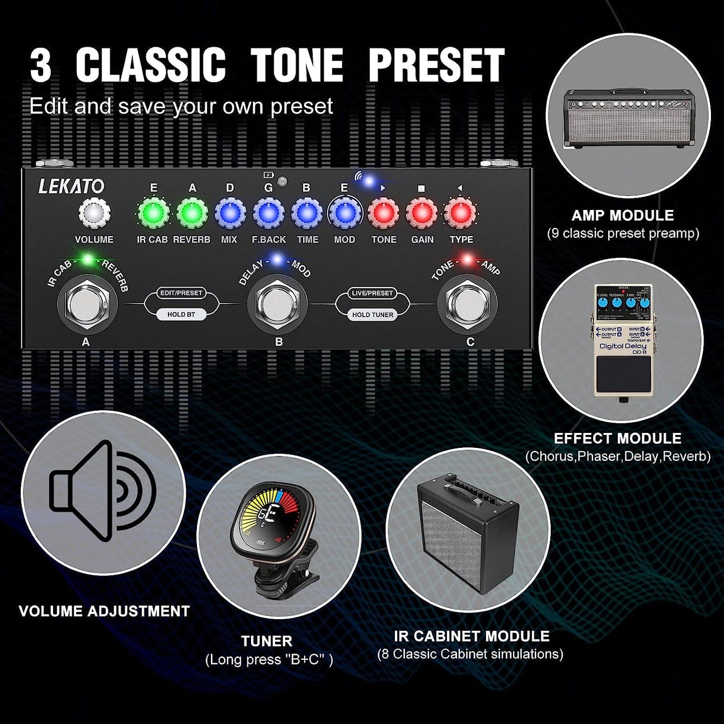 LEKATO - Pedal de guitarra multiefectos, con carga IR de 9 modelos AMP, pedal de sobremarcha de distorsión de reverberación retardada, efectos de guitarra eléctrica recargable, grabación de soporte