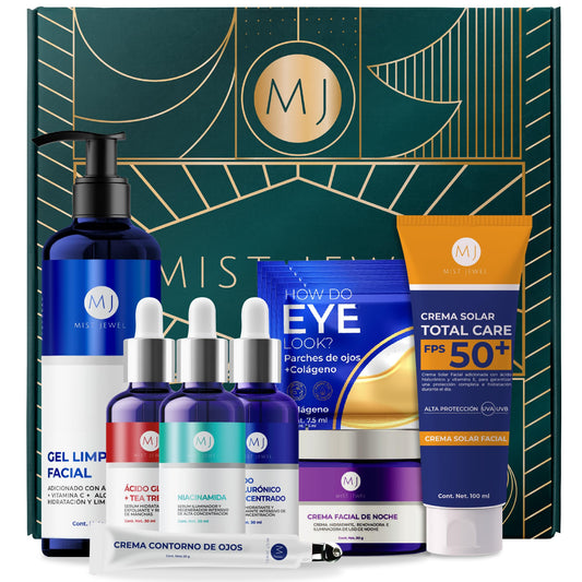 MIST JEWEL Kit Facial Edición especial 2024 skincare exclusivo temporada Regalos Crema noche, 3 Serum, limpiador facial, crema contorno de ojos, Protector solar, parches ojeras | Paquete completo día y noche regalo hombre y mujer para el cuidado de la pie