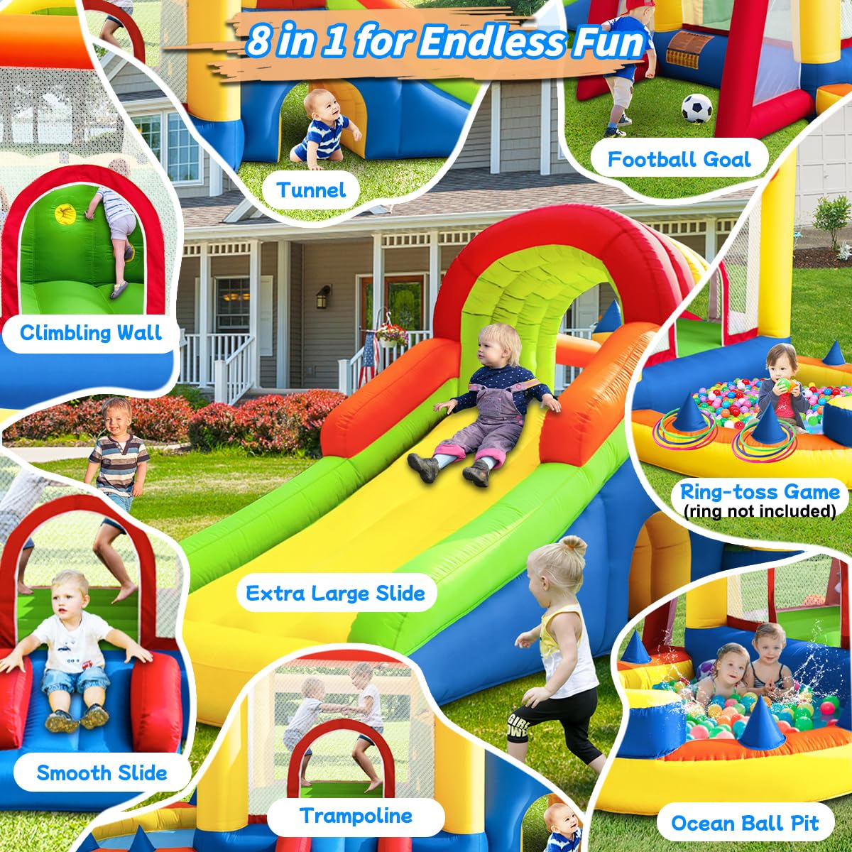 Hongcoral - Castillo inflable 8 en 1 con soplador grande para niños y niños, con dos toboganes inflables para interiores y exteriores, con dos toboganes