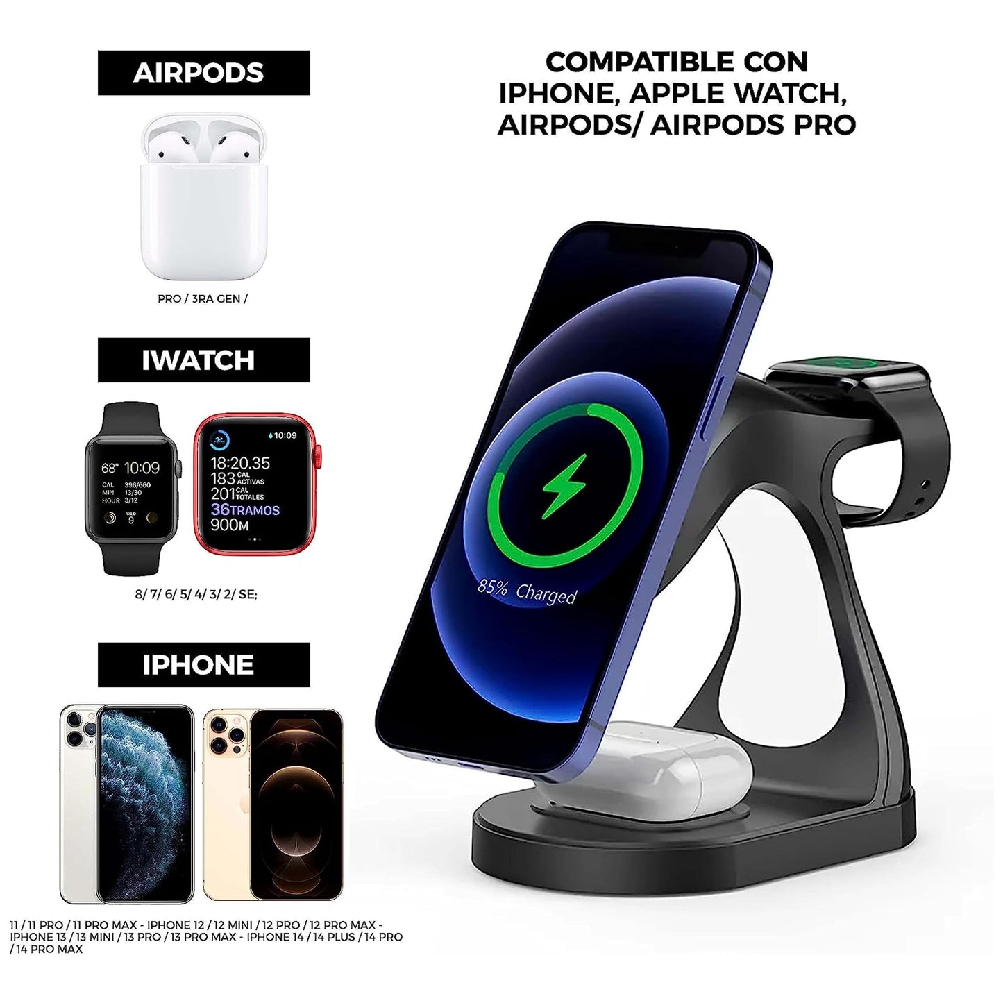 Klid Home Cargador Inalámbrico Magnético 4 en 1 con Lámpara LED – Base de Carga Rápida para Productos Apple – Estación Magsafe Compatible, Carga Segura y Ordenada