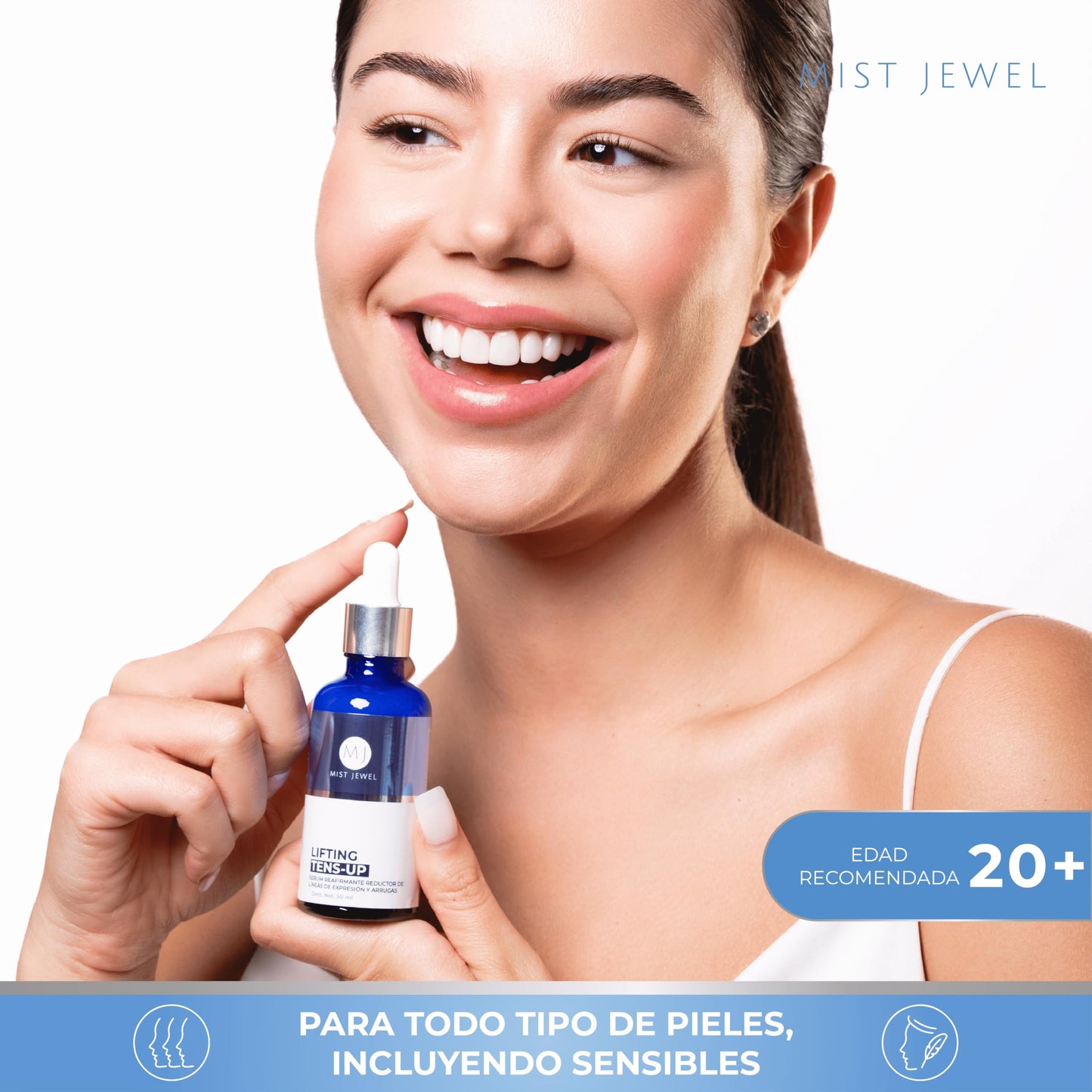 MIST JEWEL Serum facial con efecto tensor lifting Tens-Up, con ingredientes antiedad y ácido hialurónico para cuidado facial de 50ml | suero reafirmante reductor de arrugas y lineas de expresion en rostro y cuello