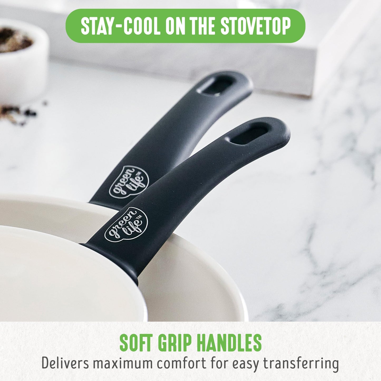 GreenLife Soft Grip - Juego de 16 ollas de cocina antiadherentes de cerámica suave, sin PFAS con utensilios de cocina y tapa, apto para lavaplatos, negro y crema