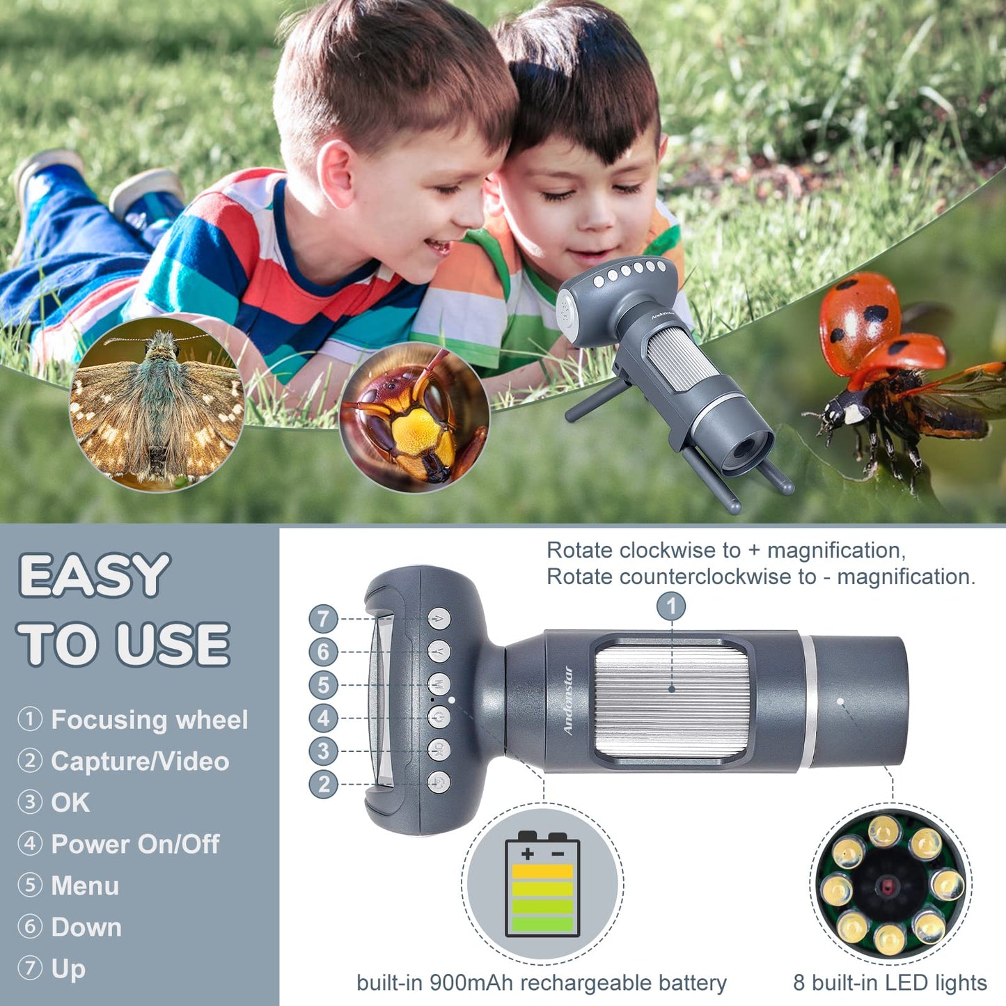 Andonstar Ad012 Kit De Microscopio Portátil Para Niños, Microscopio Infantil Lcd De 2" Con Portaobjetos Preparados, Tarjeta Sd De 8G, Compatible Con Windows Pc, Juguetes Educativos Stem Para Uso En Interio