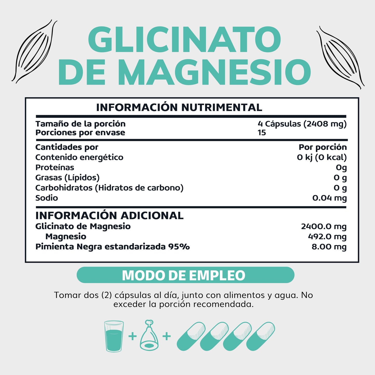 Glicinato de Magnesio Quelado | 20-100% mayor aporte de Magnesio por porción | Fortalecido con Piperina al 95% para mejor biodisponibilidad | 2400mg Glycinate Magnesium Beyond Vitamins | Suplemento Alimenticio Vegano - Ingredientes NON GMO (60 Cápsulas)