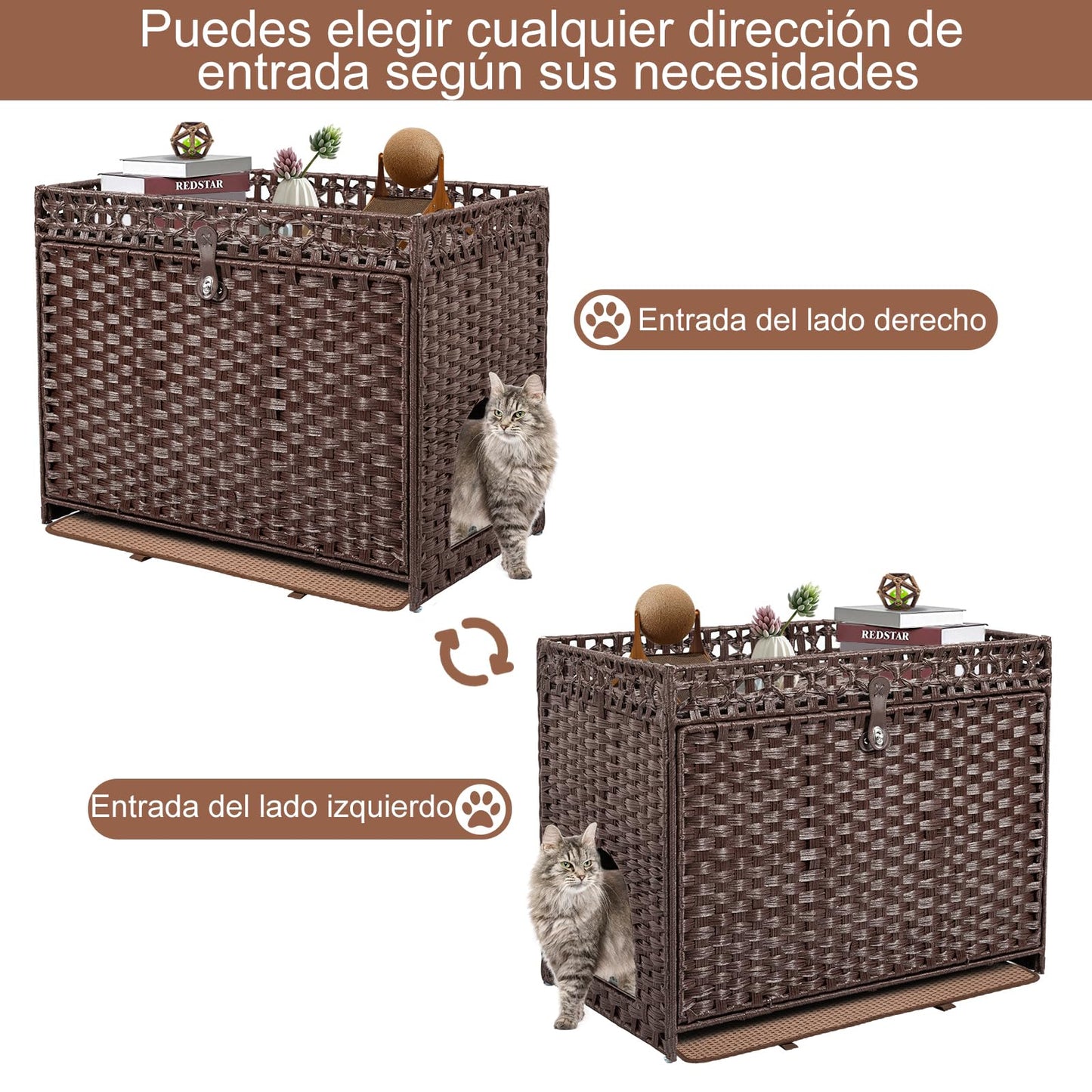 FABATO Arenero para Gato Grande Cerrado - Casa para Gatos Exterior - Puerta Lateral para tu Mascota - Mueble de Mimbre Ratán Tejido a Mano - Incluye Alfombrilla Suave (Marrón)