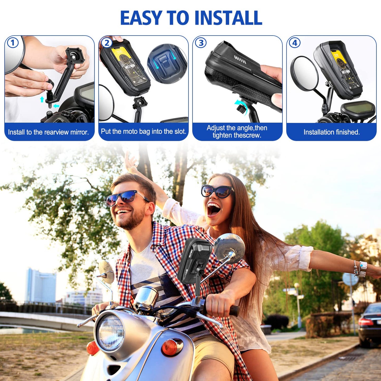 BKNOOU - Soporte impermeable para teléfono de motocicleta, rotación de 360 °, protección contra la vibración, cubierta de lluvia, espejo retrovisor, soporte para teléfono móvil, motocicleta, 4.5 a 6.9