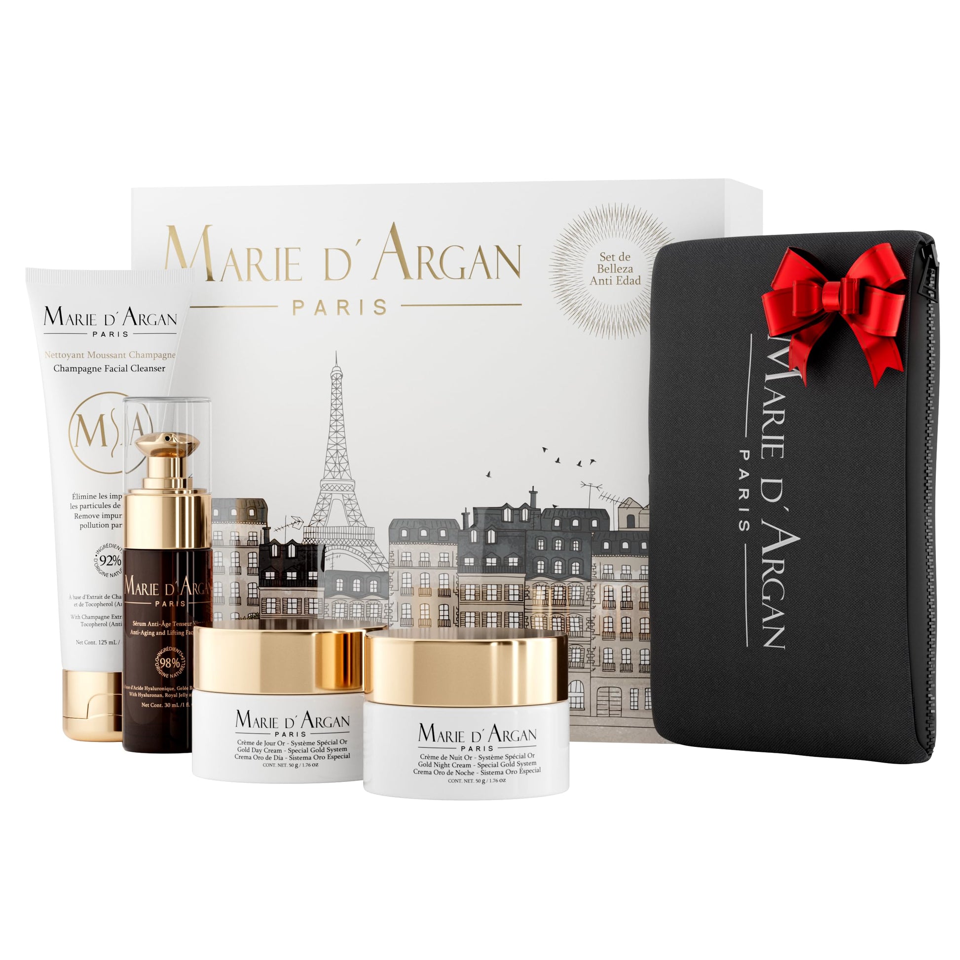 Marie d’Argan Paris Kit Facial Antiedad Skincare Edicion Especial– Crema Día y Noche con Oro, Sérum Tensor Antiedad, Limpiador Facial de Champagne | Paquete Completo de Cuidado, Hidratación y Rejuvenecimiento | Estuche Premium | COSMETIQUERA DE REGALO