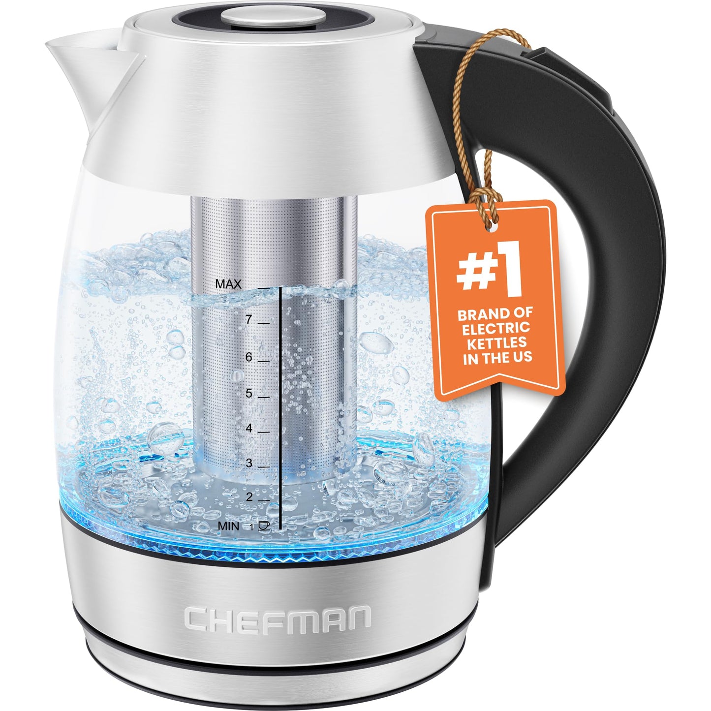 Chefman Fast W/luces LED Auto Shutoff & Hervir Seco Protección Inalámbrica, Sin BPA, Extraíble, 1,8 litros, Hervir rápido + infusor de té