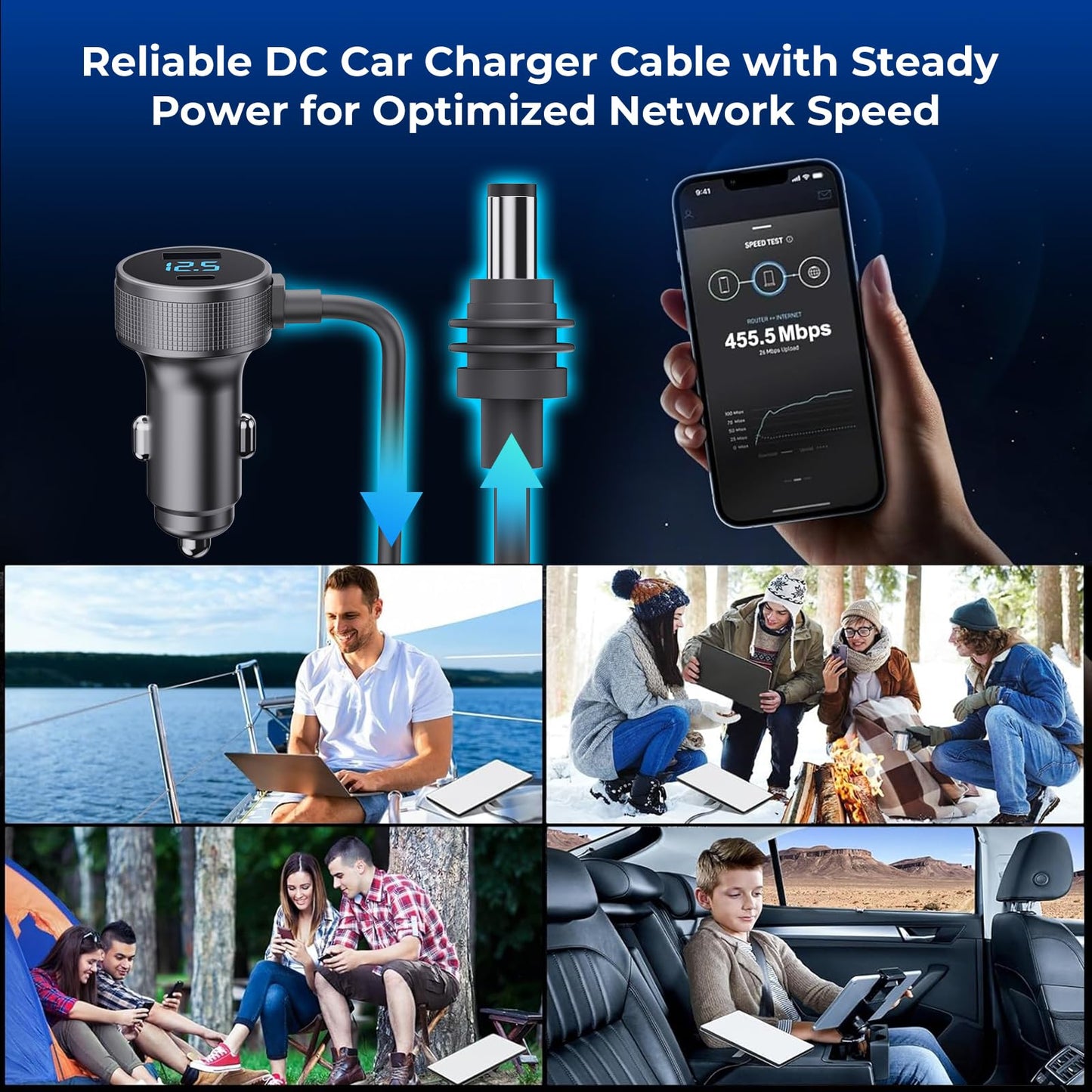 Starlink Mini Cable 3 en 1 Starlink Mini cargador de coche Cable de alimentación CC + adaptador de encendedor de cigarrillos de 12 V-48 V con visualización digital, USB C PD duradero de 40 W y puertos