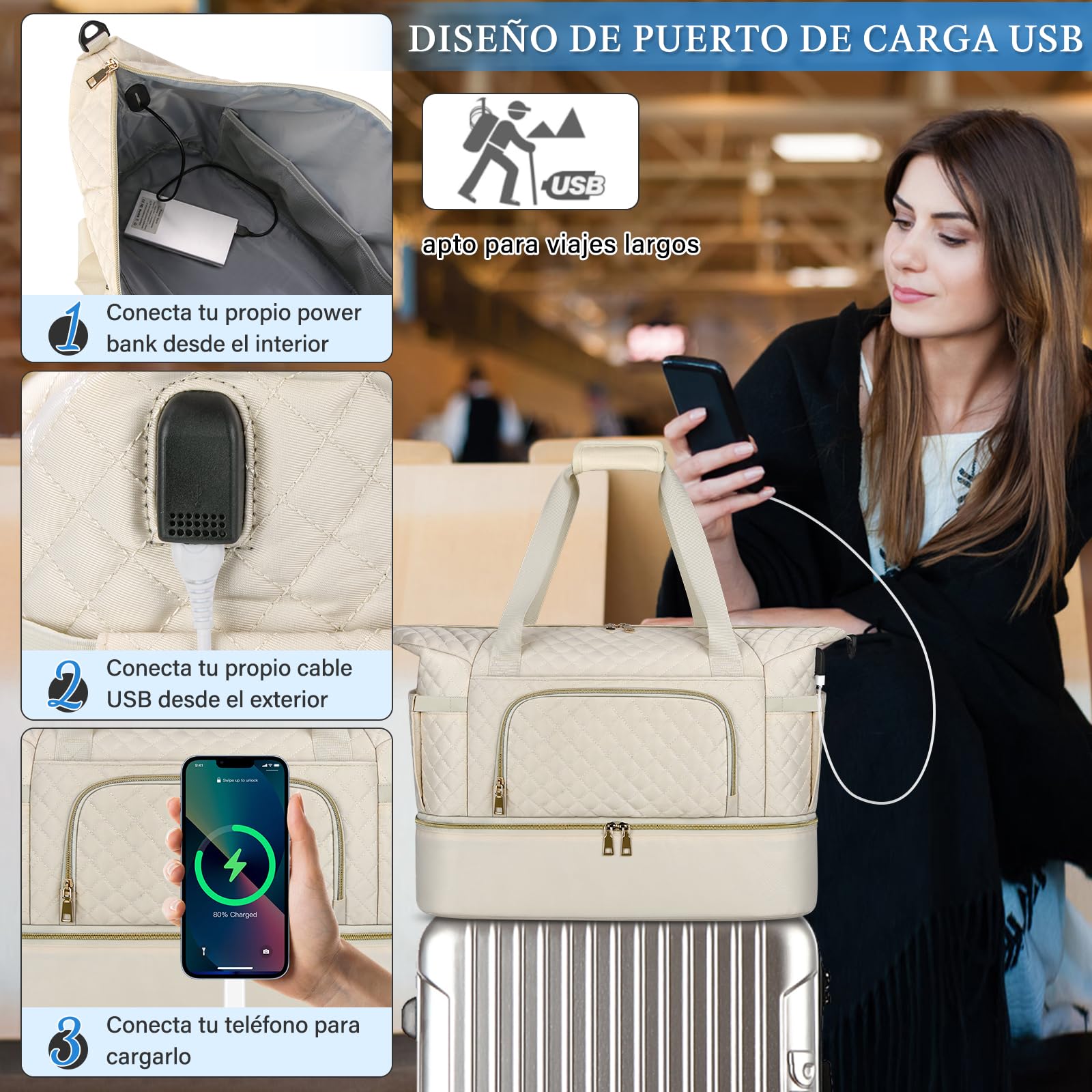 Bolsa de Viaje SDYSM Beige con Puerto USB y Compartimento para Zapatos para Hombre y Mujer
