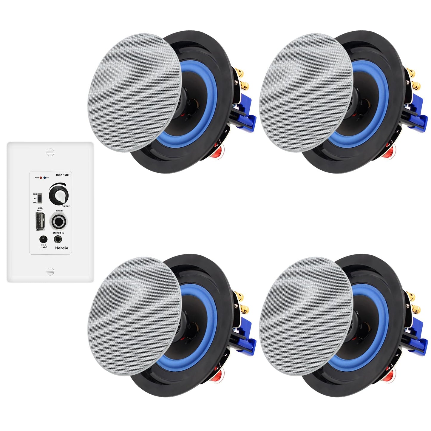 Herdio Altavoces Bluetooth de Techo Cableados de 4 Pulgadas 2 Vías con Receptor Amplificador de 4 Canales para Cine en Casa, Sala de Estar, Oficina (4 Altavoces)