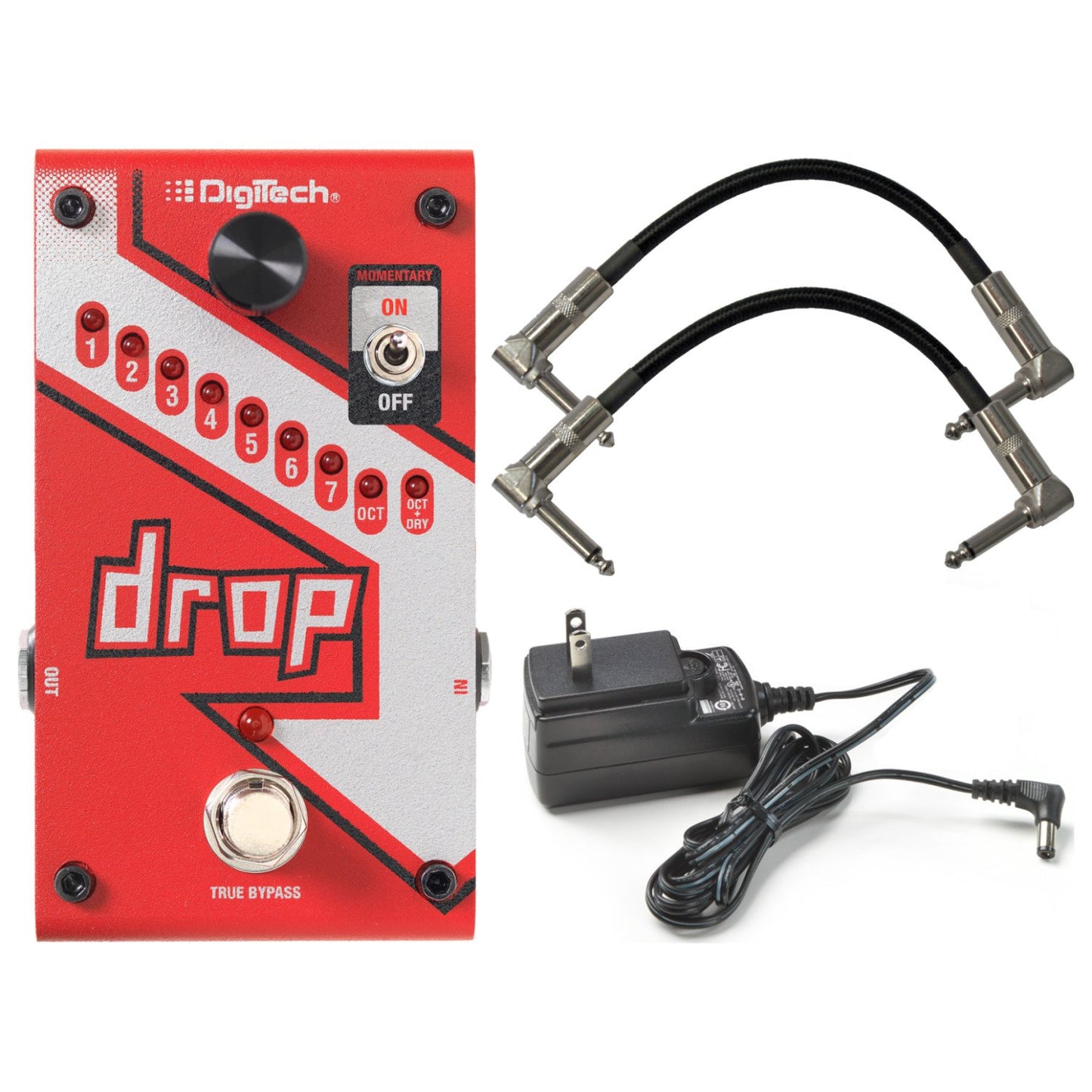 Digitech DROP Pedal de cambio de paso polifónico compacto con conmutación de pestillo momentáneo y derivación real con fuente de alimentación electrónica y cable de pedal de conexión