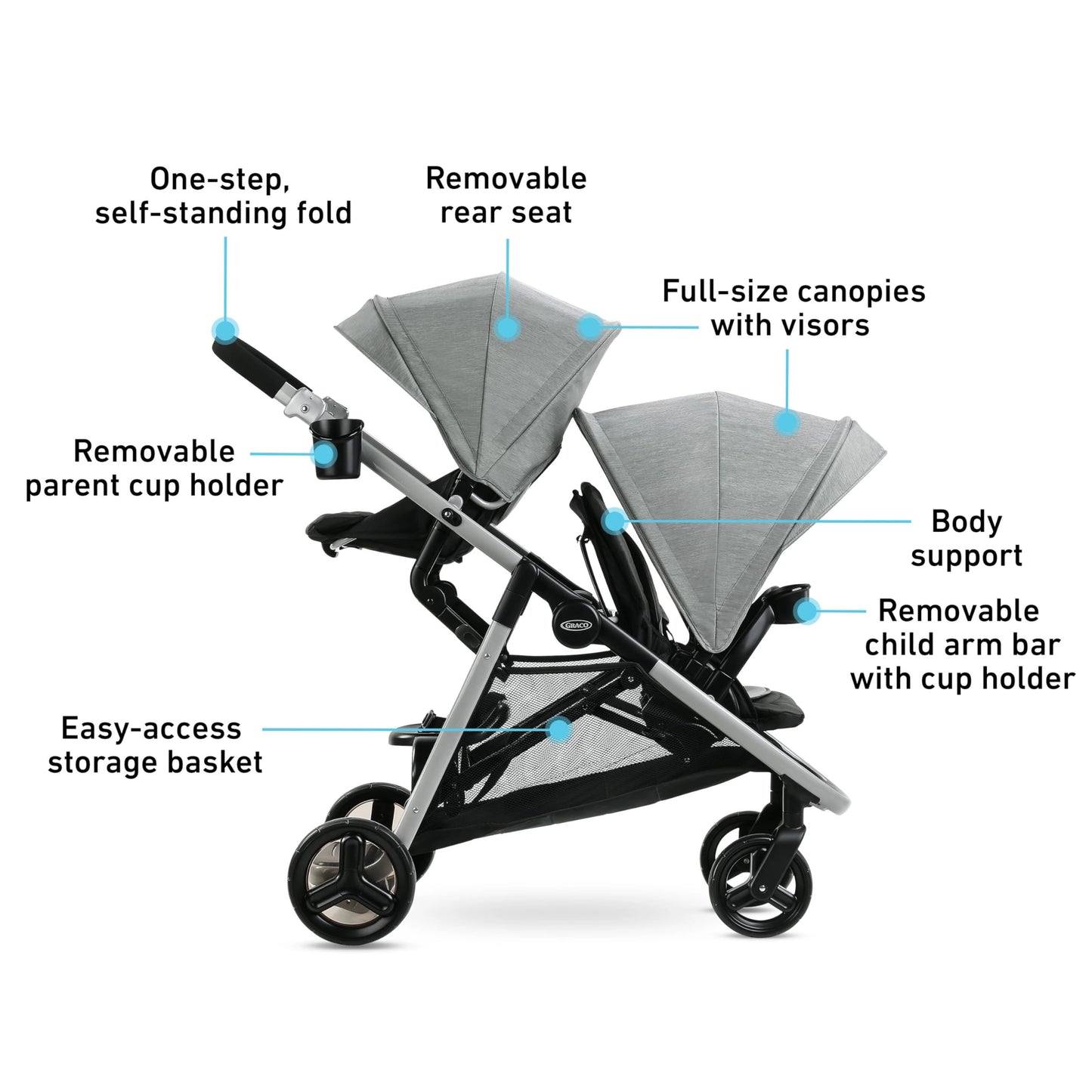 Graco Ready2Grow LX 2.0 carriola doble con asiento de banco y opciones de plataforma de pie, Clark