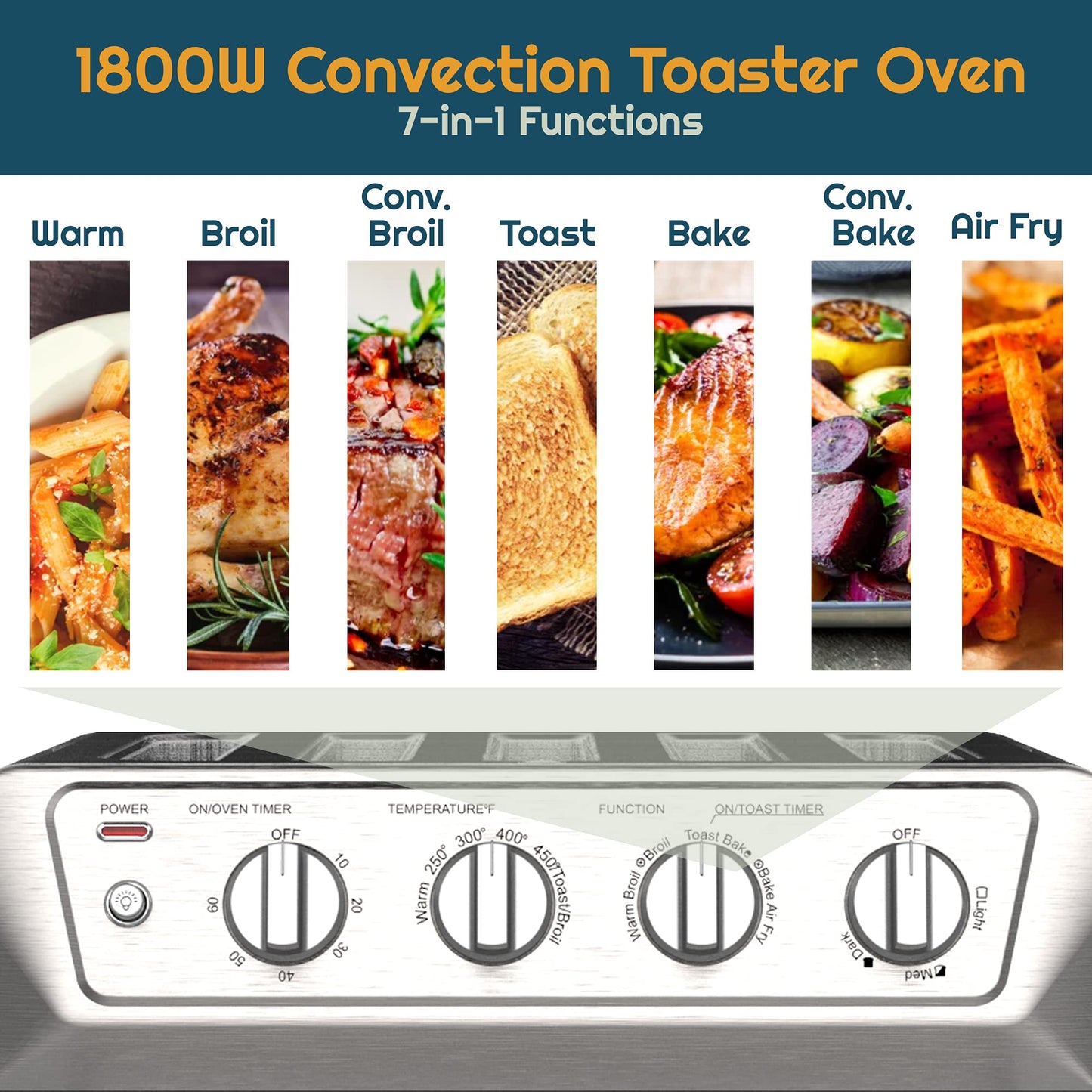 iCucina - Horno tostador para freidora de aire de convección de 1800 W, horno de encimera grande de 22.5 cuartos con funciones 7 en 1 (tostador cortada), acero inoxidable
