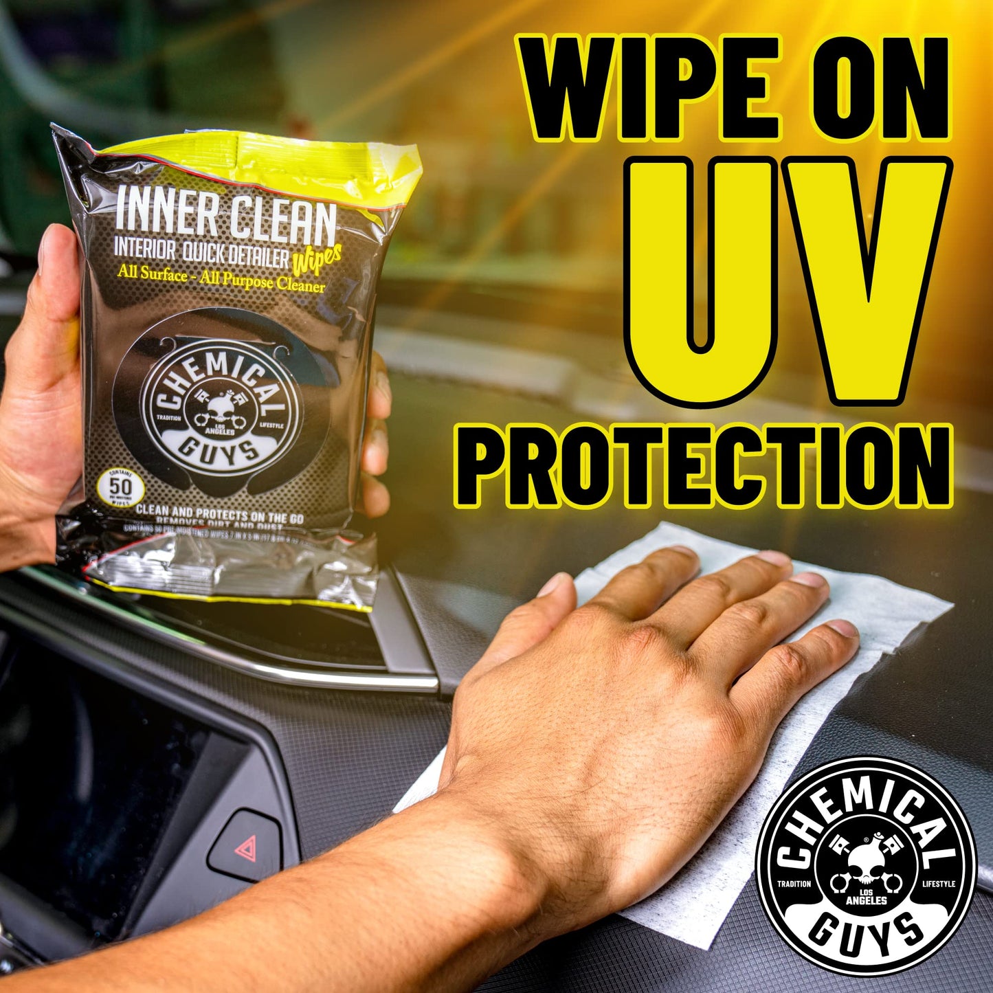 Chemical Guys Paquete Mega 50 Toallitas Detalladoras y Protectoras InnerClean Interior de, seguras para coches, camiones, todoterrenos, motocicletas, vehículos recreativos y más, (50 uds.)