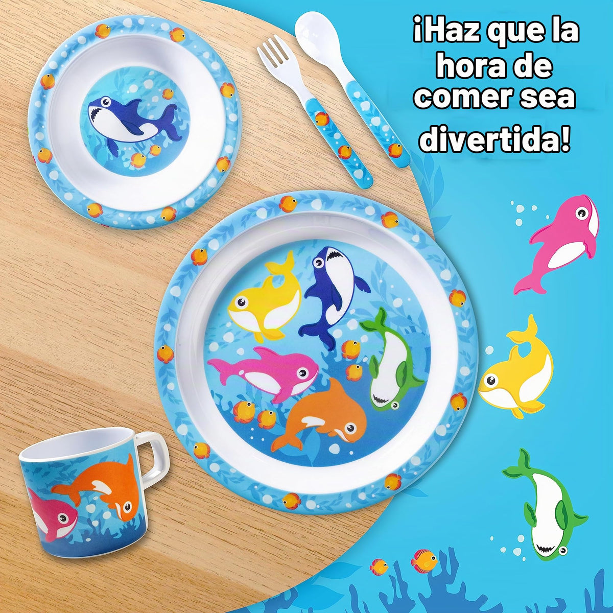 Bentology - Juego de 5 unidades para la hora de comer para niños, con temática de tiburón, incluye plato y tazón de borde elevado, taza, tenedor y cuchara, apto para lavaplatos, sin BPA, lindo plato