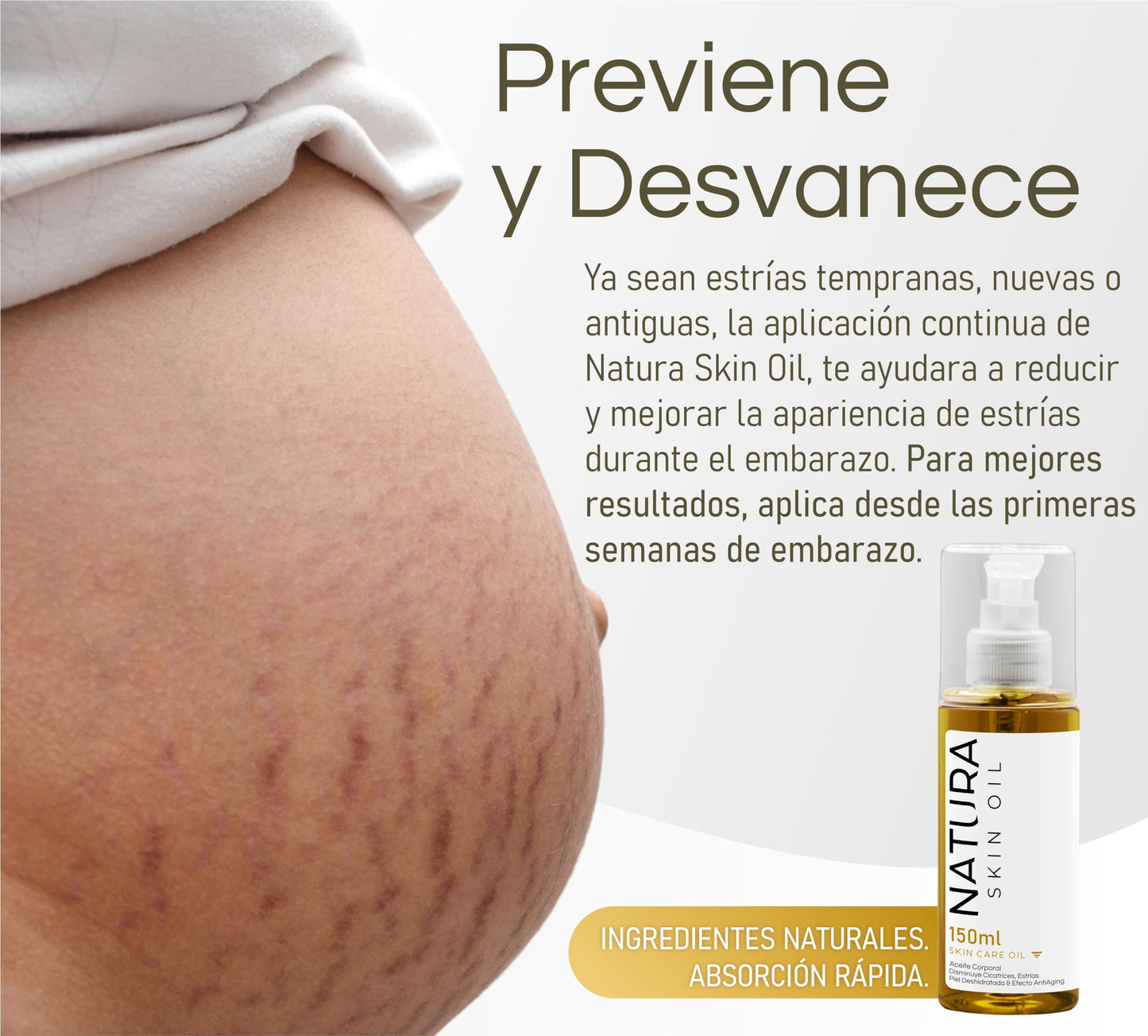 Rouge Co. Aceite Corporal Anti Estrías y Cicatrices Skin Care Reafirmante, No es Grasoso, Hidrata y Nutre Profundamente -Natura Skin Oil 150ml.