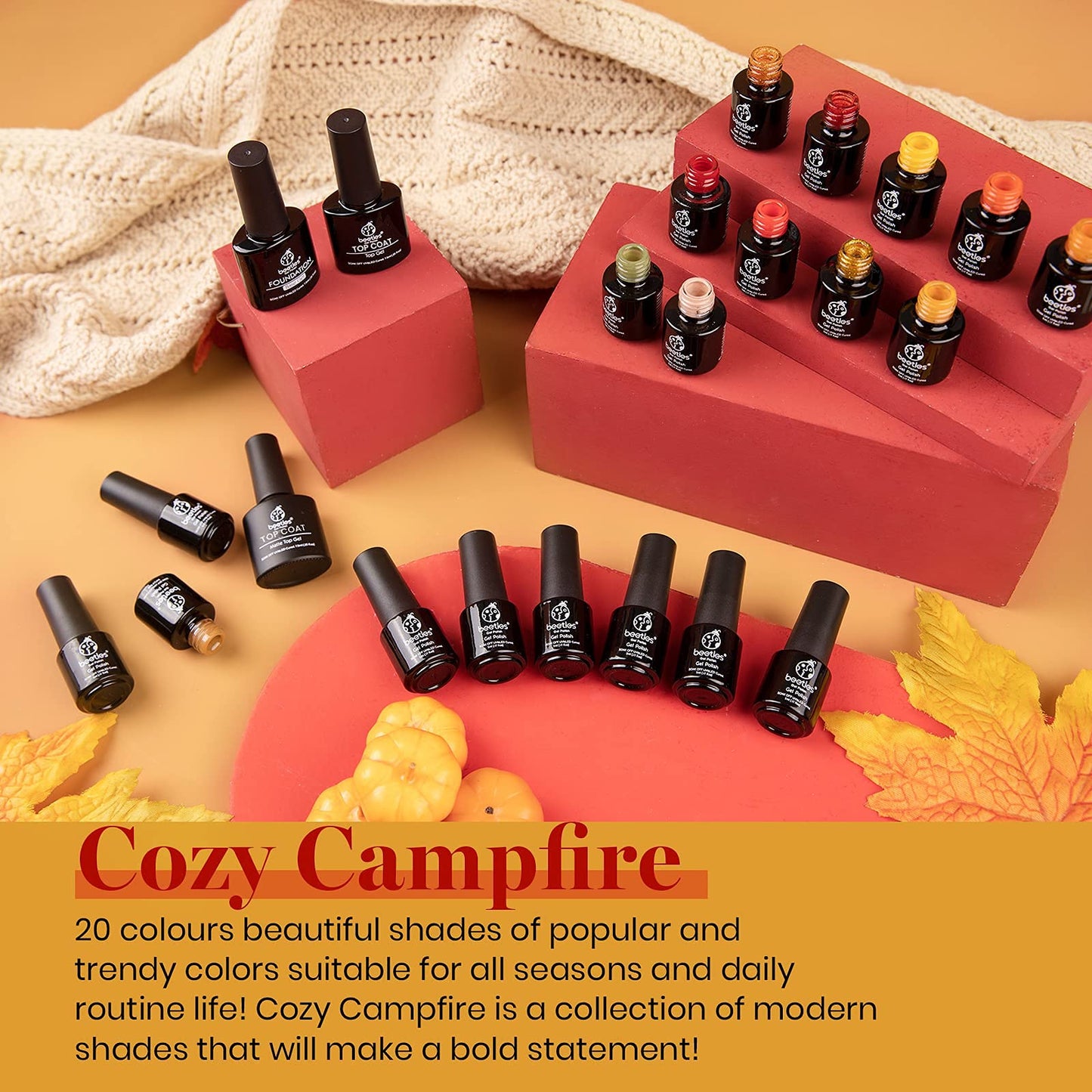 Beetles Esmalte de Uñas de Gel -Colección Cozy Campfire Otoño Invierno Naranja Amarillo Verde Juego de Esmalte de Uñas de Gel Soak Off LED Lámpara de Uñas Base Capa Superior Kit de Uñas de Gel Regalos Para Mujeres