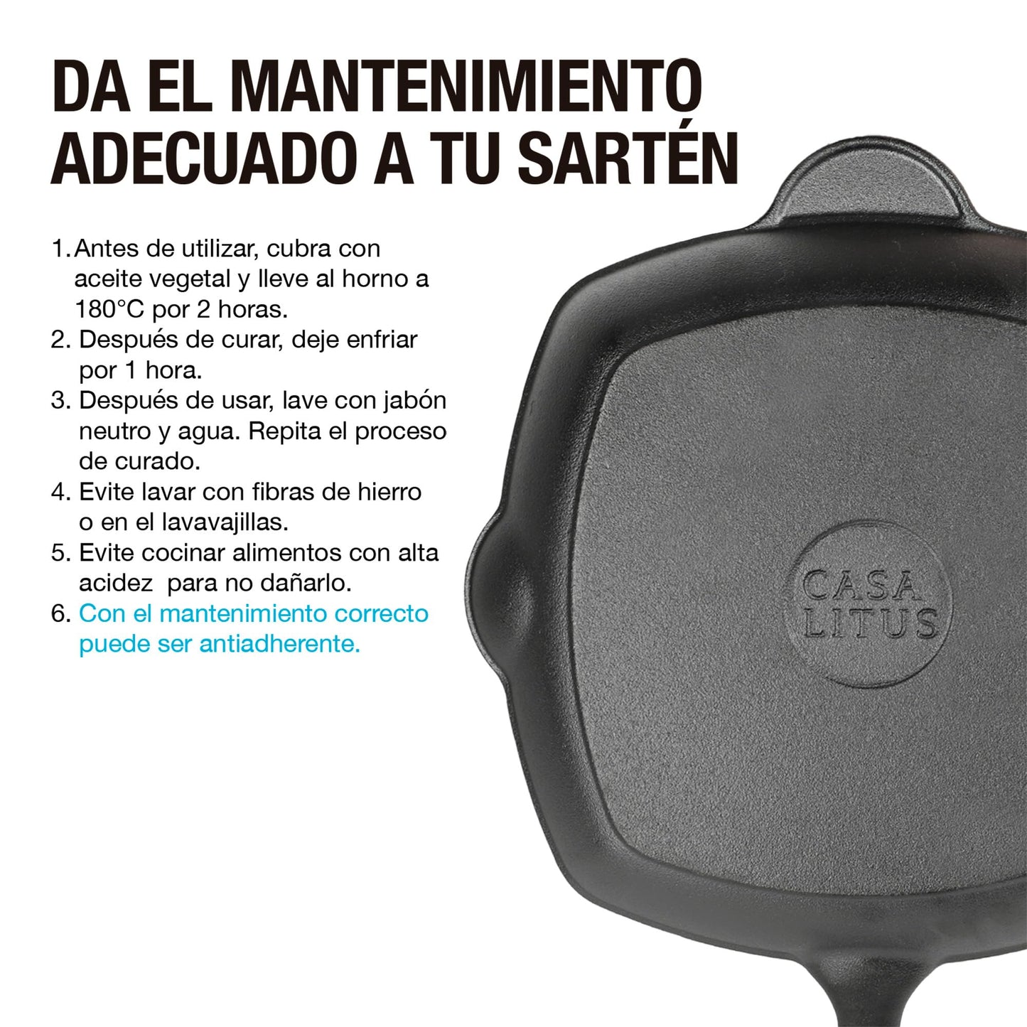 CASA LITUS Sartén de Hierro Fundido Precurado tipo Parrilla Extra Grande (2 Litros), Plancha para Asar con Superficie Acanalada, Mango y Vertederos Laterales, para Estufa de Gas, Horno o Fuego Directo