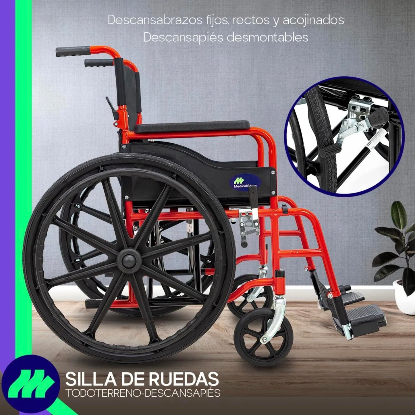 Silla De Ruedas MEDICAL STORE Rojo Todo Terreno Plegable para Adulto Mayor