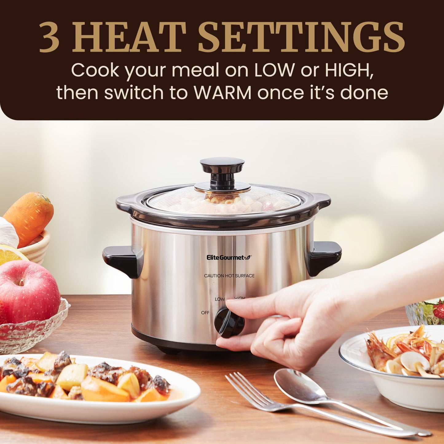 Elite Gourmet - Olla de cocción lenta eléctrica MST-250XS, temperatura ajustable, platos principales, salsas, guisos y salsas, tapa de vidrio para lavavajillas y olla de cerámica, capacidad de 1.5 cuartos de galón, acero inoxidable