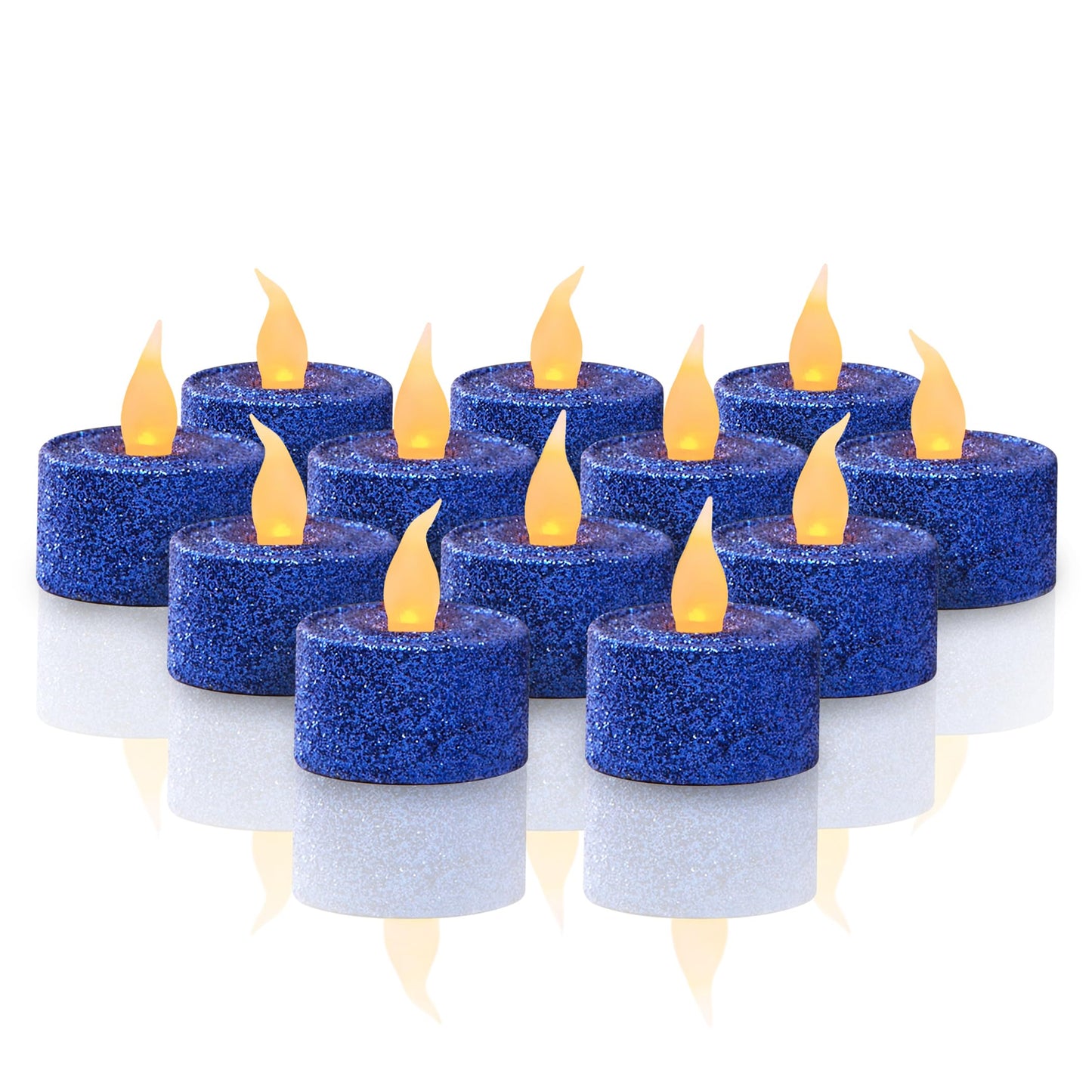 FURORA LIGHTING - Velas LED con purpurina azul real, paquete de 12, velas parpadeantes sin llama para decoración del hogar, 1.5 pulgadas de ancho x 1.65 pulgadas de alto, funciona con pilas