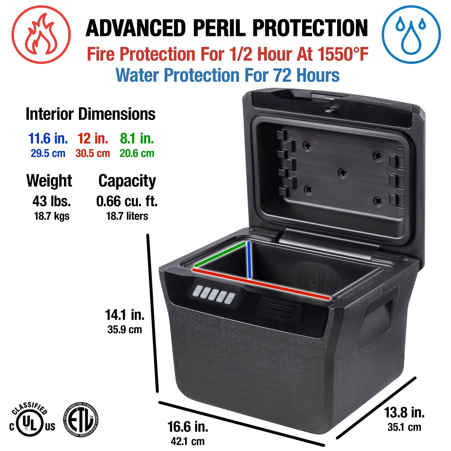 SentrySafe Fire and Water Safe, Fire Resistant File Safe with Digital Lock, 0.66 Cubic Feet, FHW40300,Charcoal Grey,Large