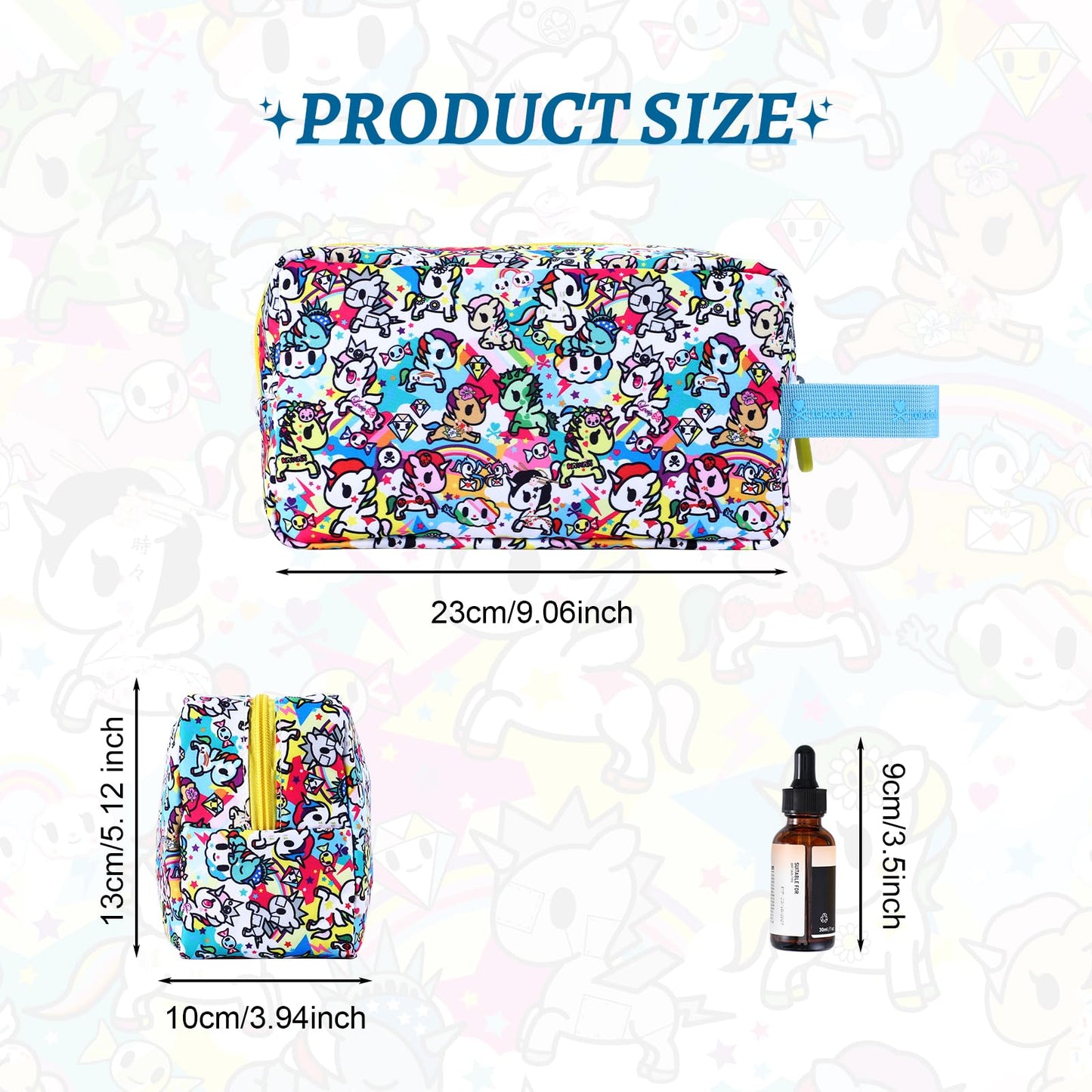 Tokidoki Unicorno Bolsa de maquillaje de viaje para mujer, bonita bolsa de cosméticos de gran capacidad, bolsa de artículos de cambiador portátil de dibujos animados para viajes, trabajo, oficina
